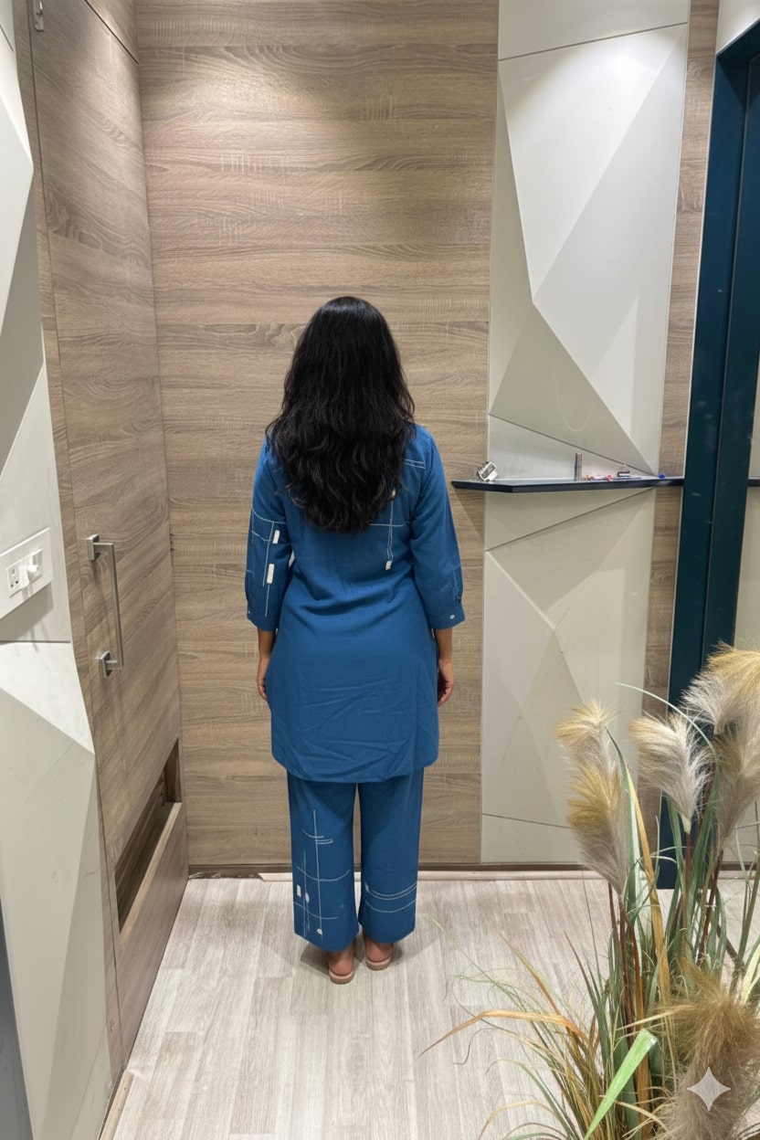 Blue Cord Set with Printed Shirt-Style Design and Pants