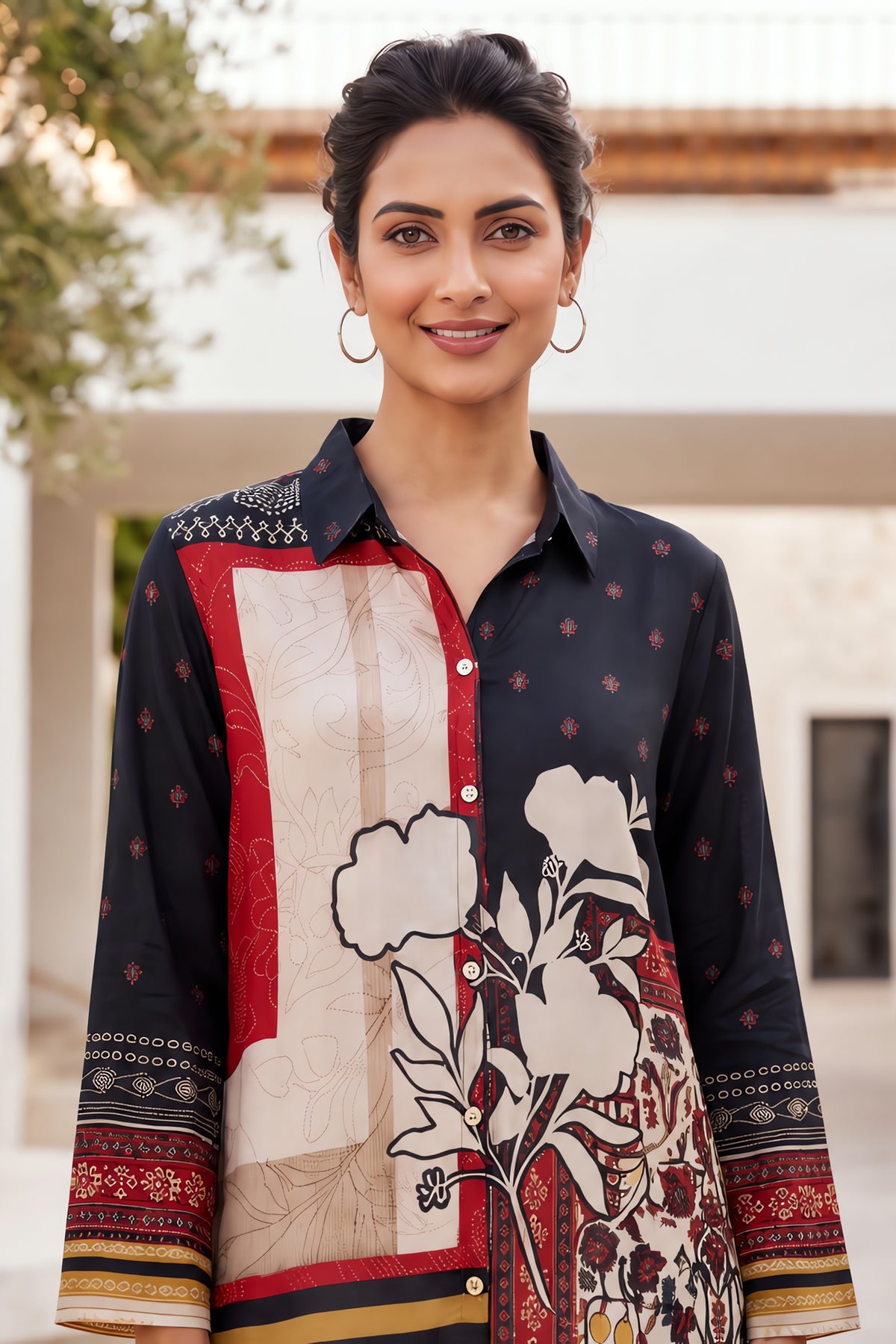 Black Floral and Ethnic Fusion Shirt-Collar Top