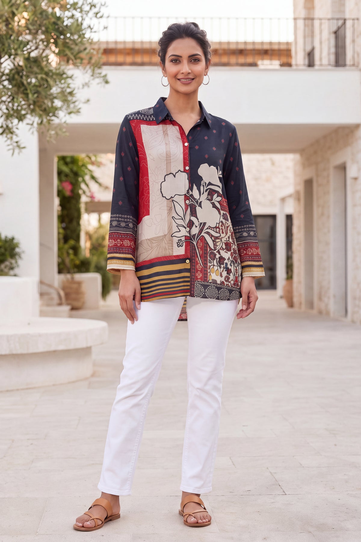 Black Floral and Ethnic Fusion Shirt-Collar Top