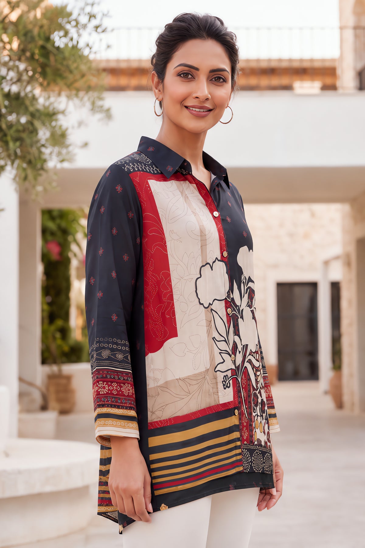Black Floral and Ethnic Fusion Shirt-Collar Top