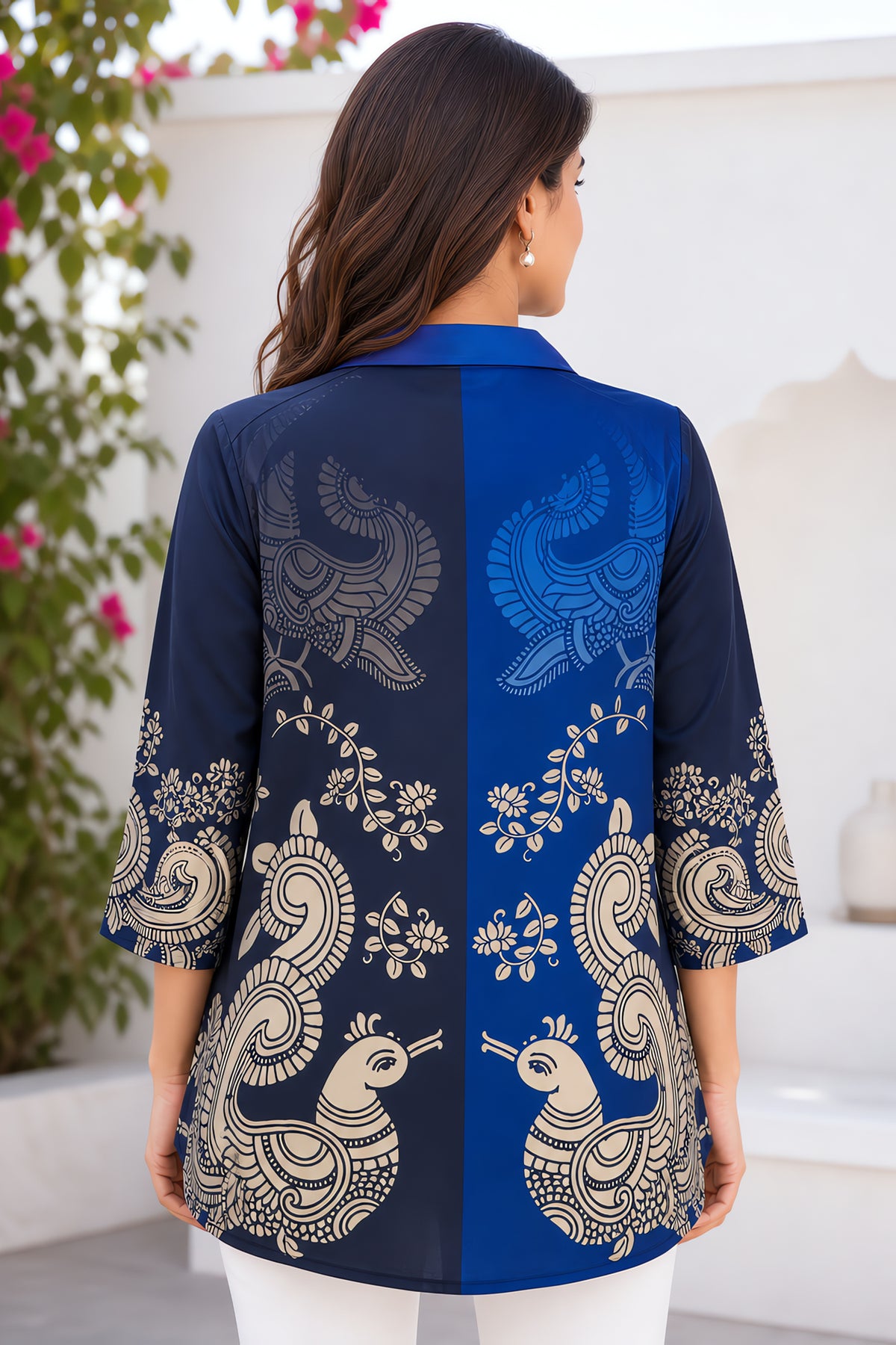 Blue Classic Graceful Two-Tone Peacock Print Top Shirt