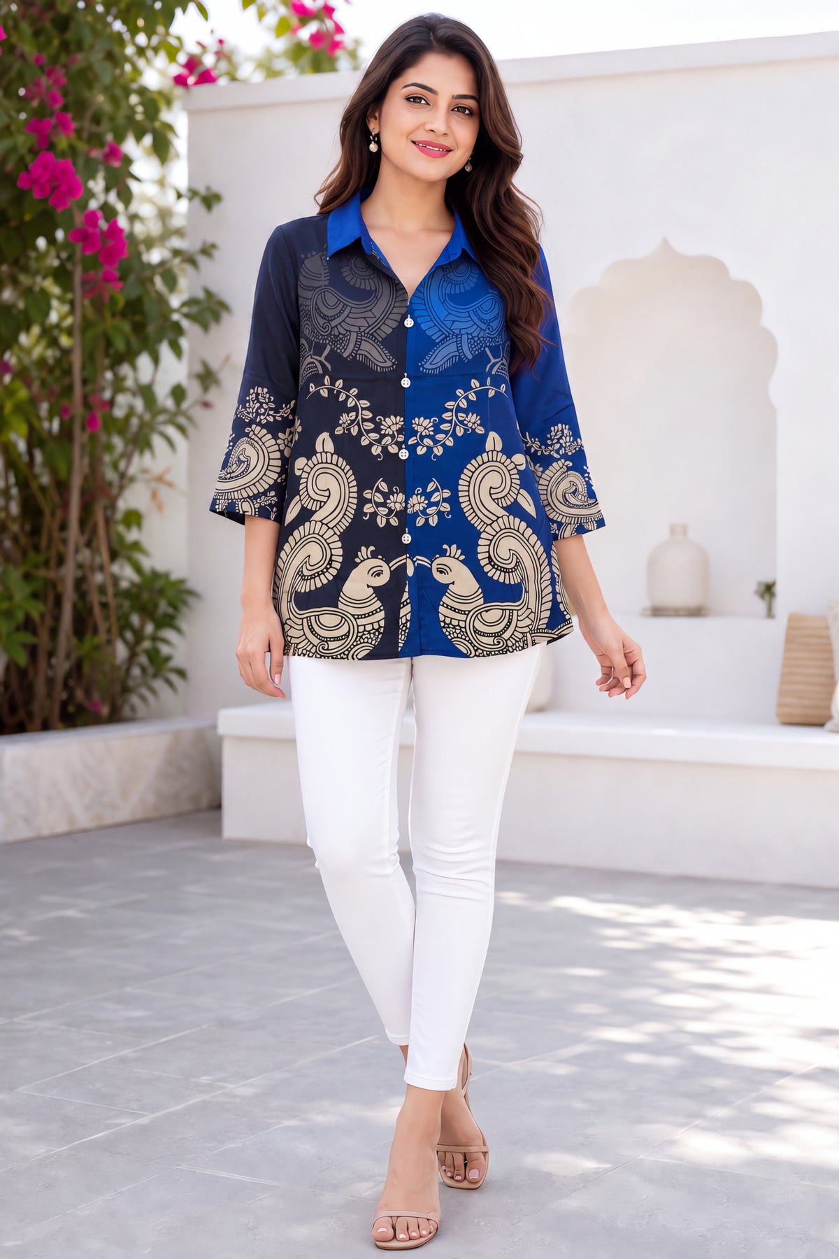 Blue Classic Graceful Two-Tone Peacock Print Top Shirt