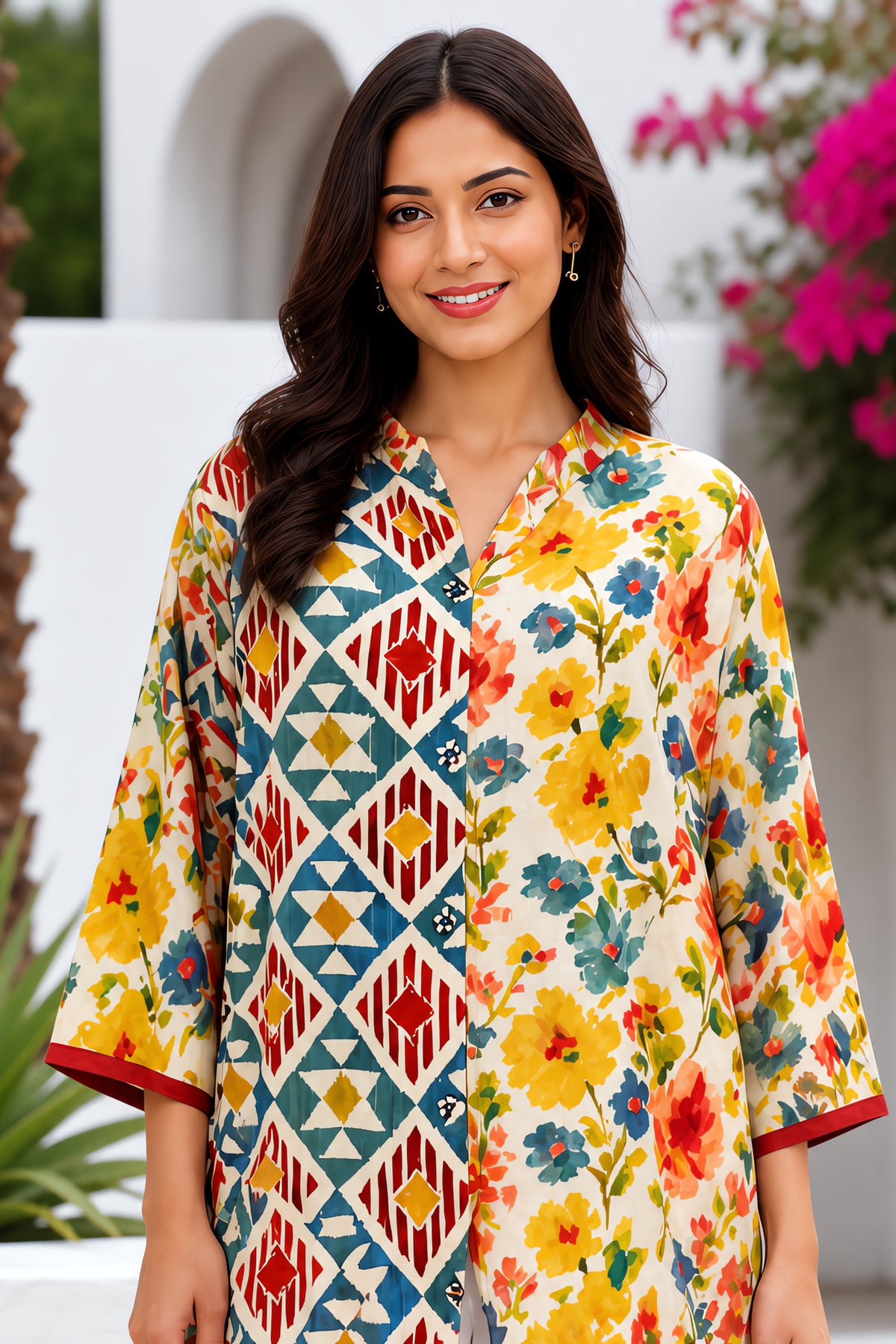 Vibrant Half-And-Half Printed Cotton Kurti Top