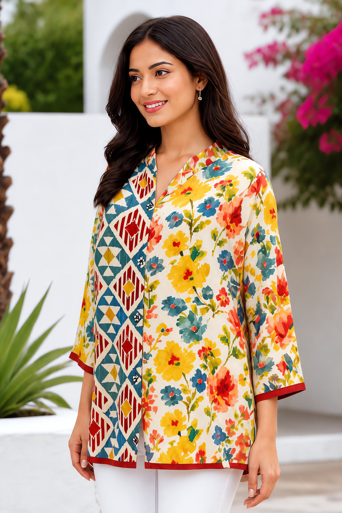 Vibrant Half-And-Half Printed Cotton Kurti Top