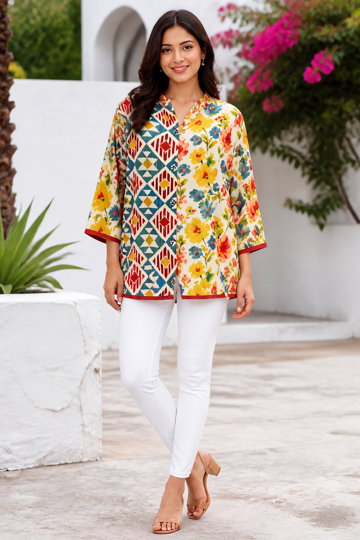 Vibrant Half-And-Half Printed Cotton Kurti Top