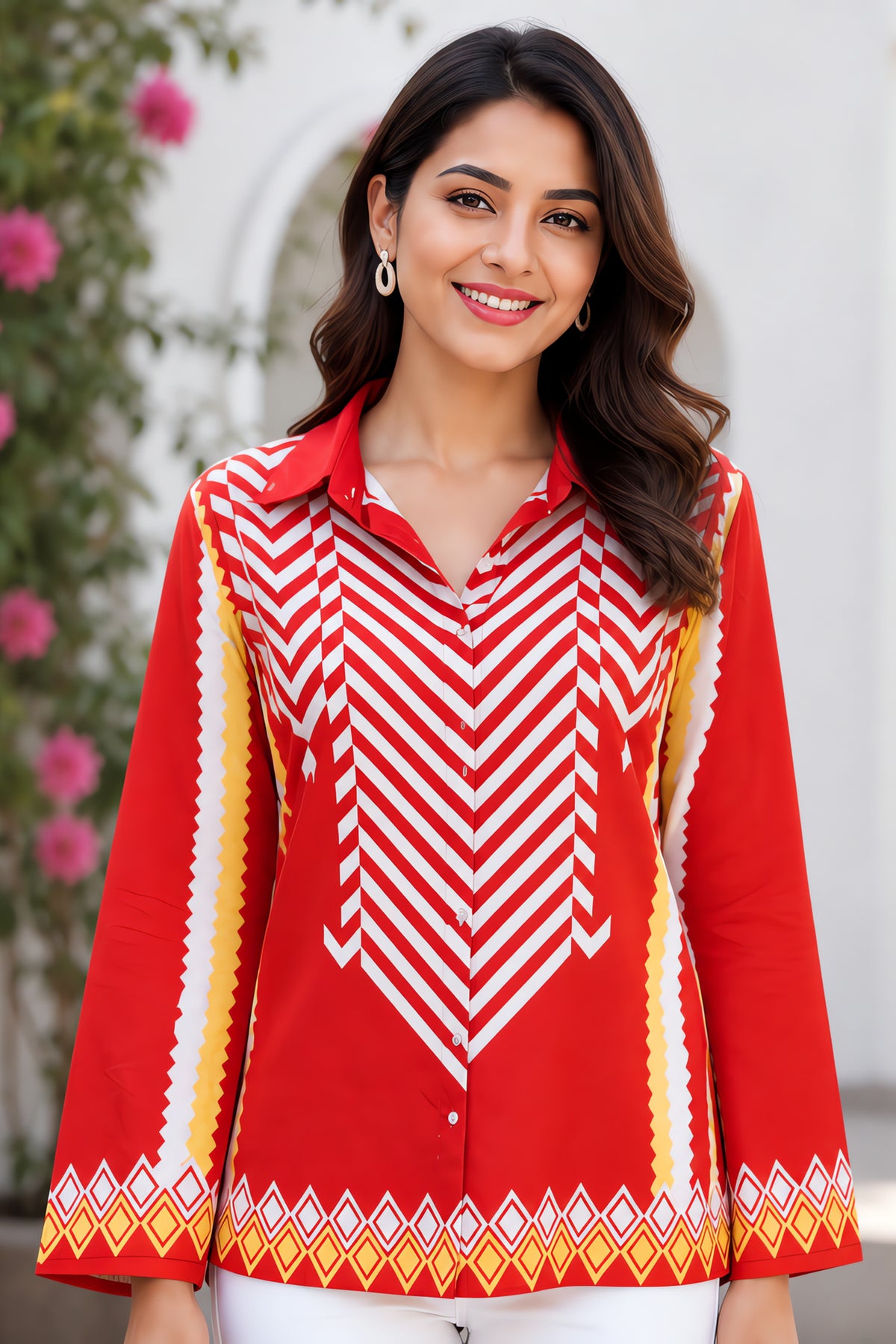 Vibrant Red Geometric Chevron Collared Tunic Shirt
