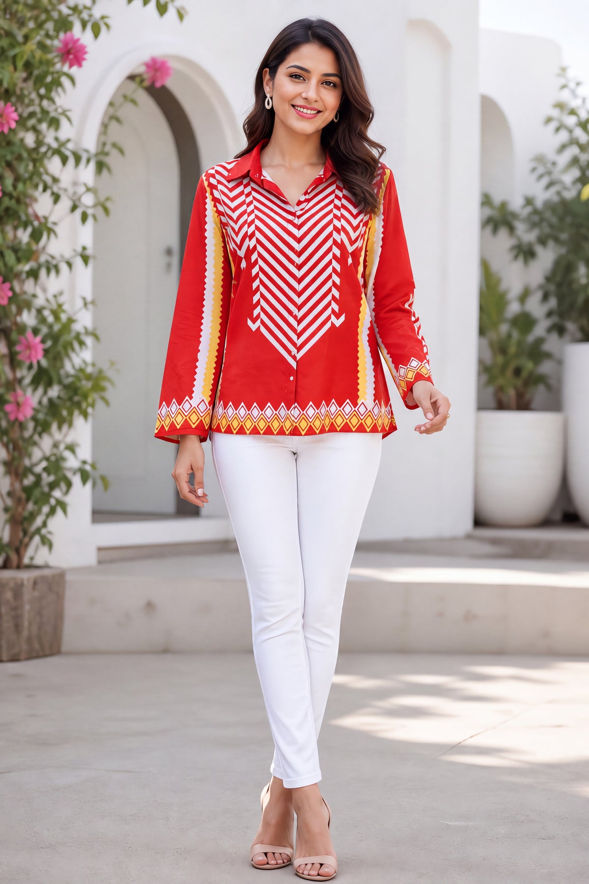 Vibrant Red Geometric Chevron Collared Tunic Shirt