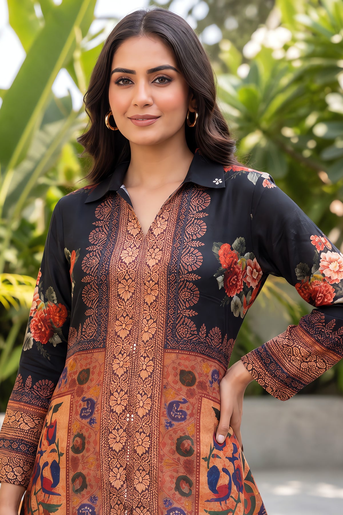 Black Floral Crepe Kurta Top