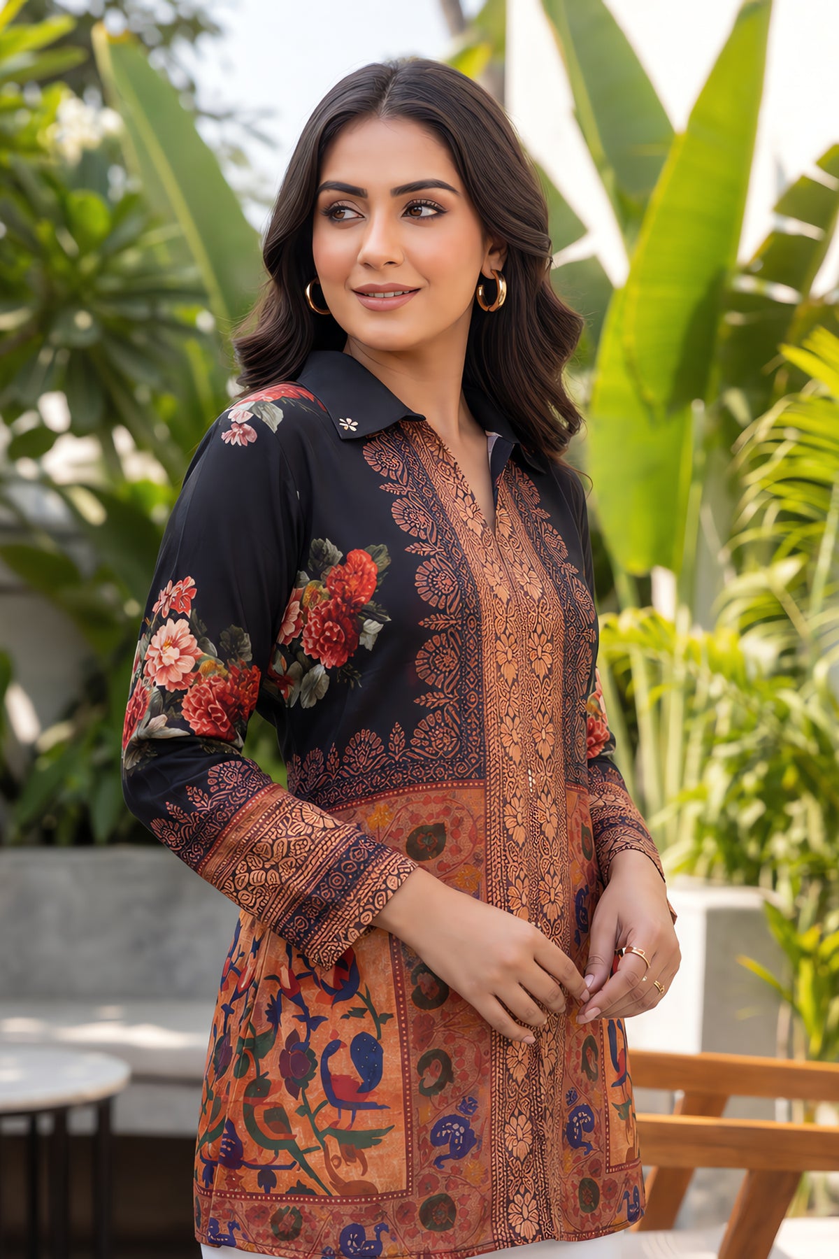 Black Floral Crepe Kurta Top