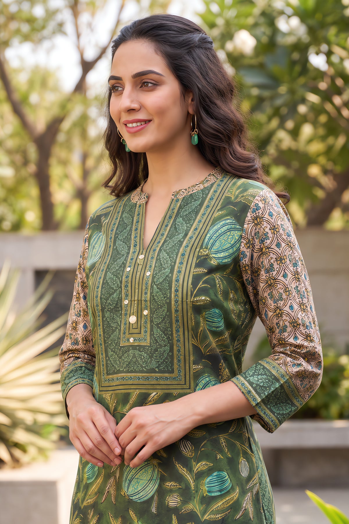 Olive Green Block Printed Cotton Top