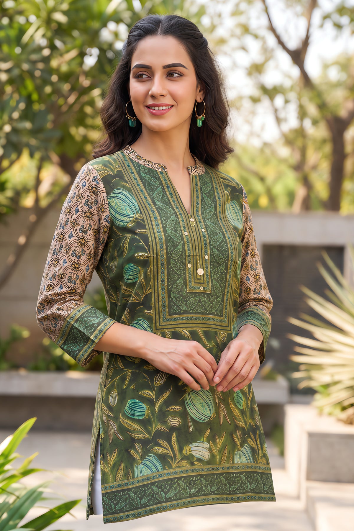 Olive Green Block Printed Cotton Top
