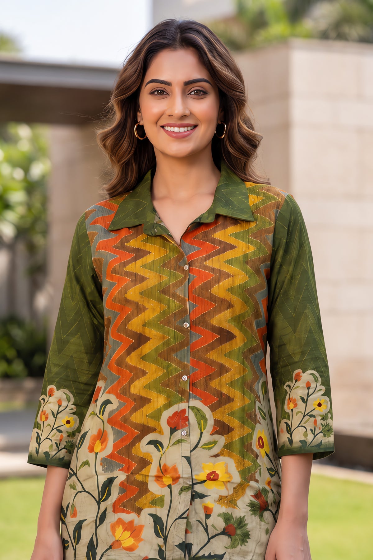 Green Floral Geometric Crepe Kurta Top
