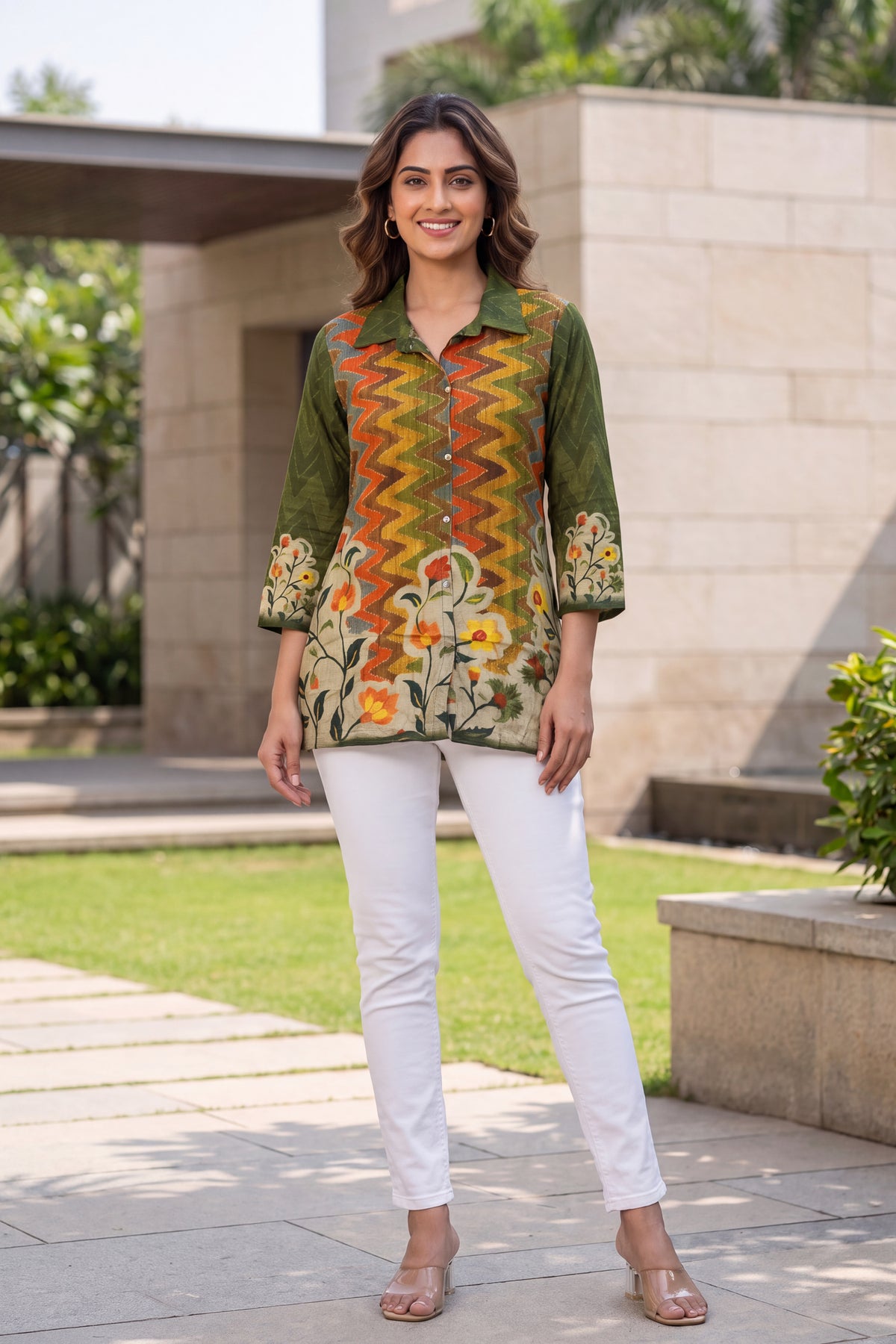 Green Floral Geometric Crepe Kurta Top