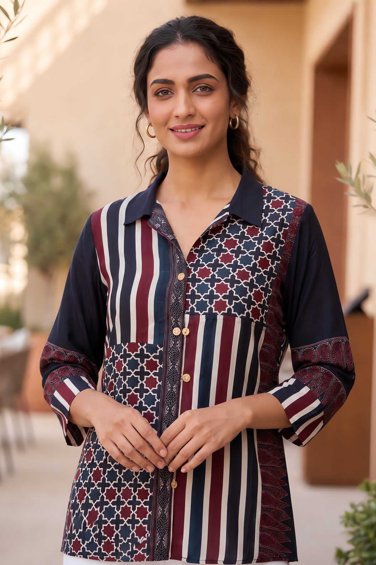 Contemporary Ajrakh Patchwork Shirt Tunic Top