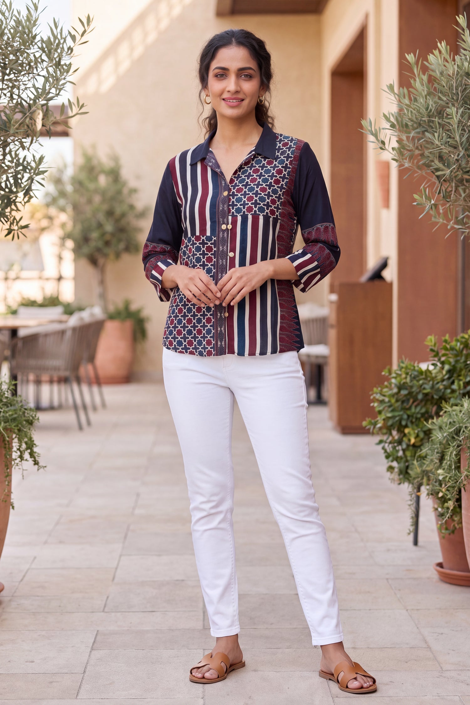 Contemporary Ajrakh Patchwork Shirt Tunic Top
