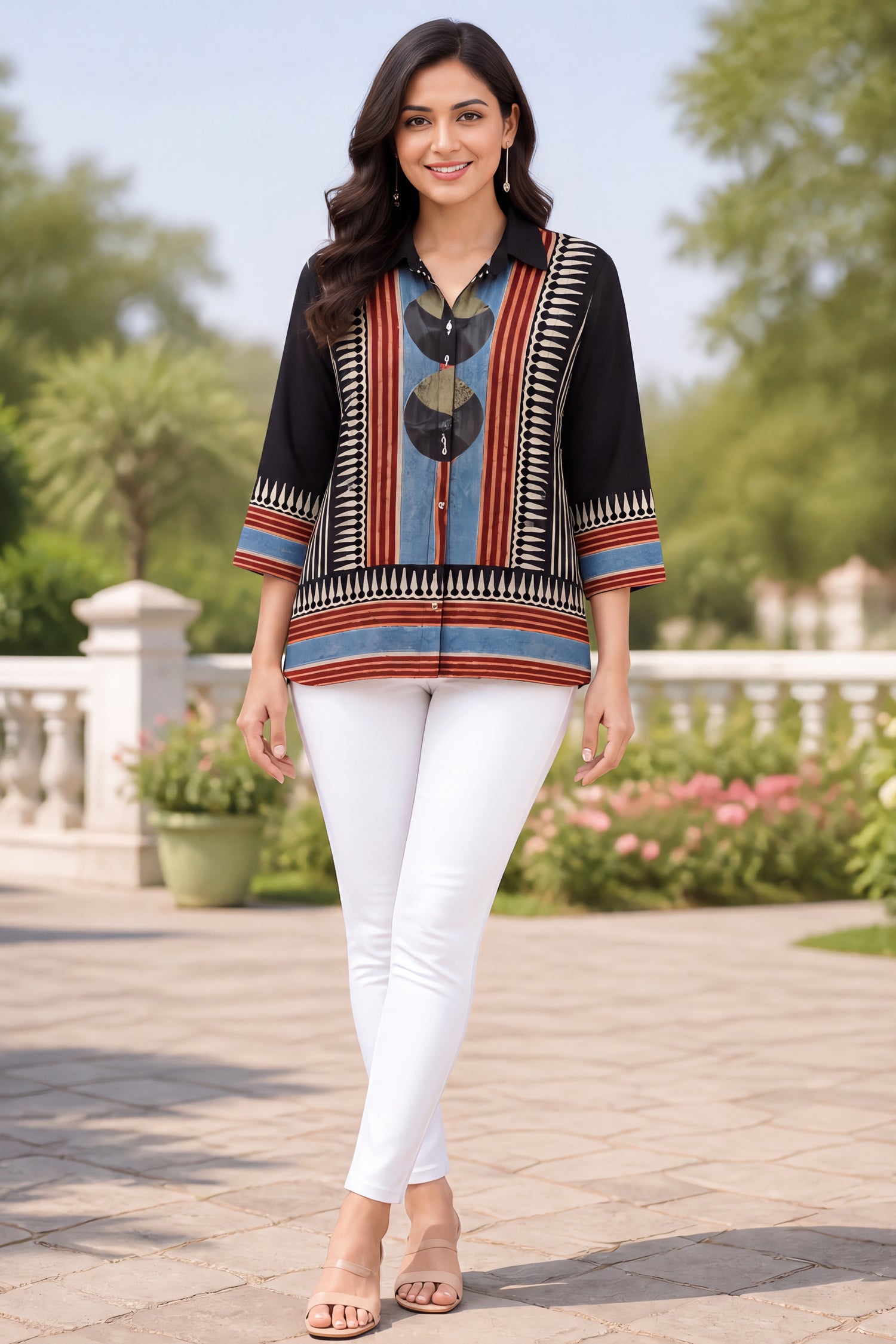 Trending Ajrakh Pure Crepe Shirt Style tunic Top