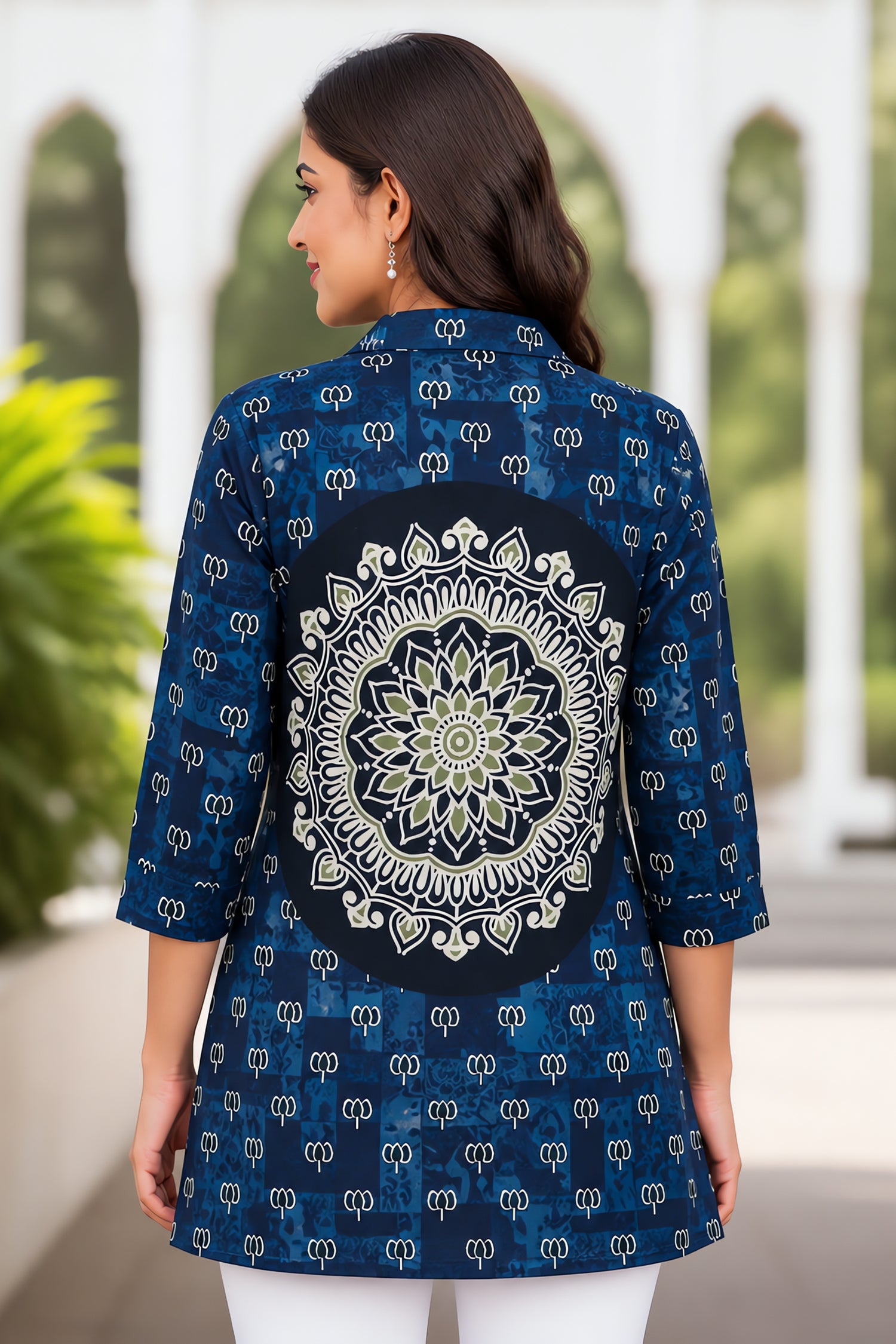 Indigo Crepe Floral Printed Women Tunic Top