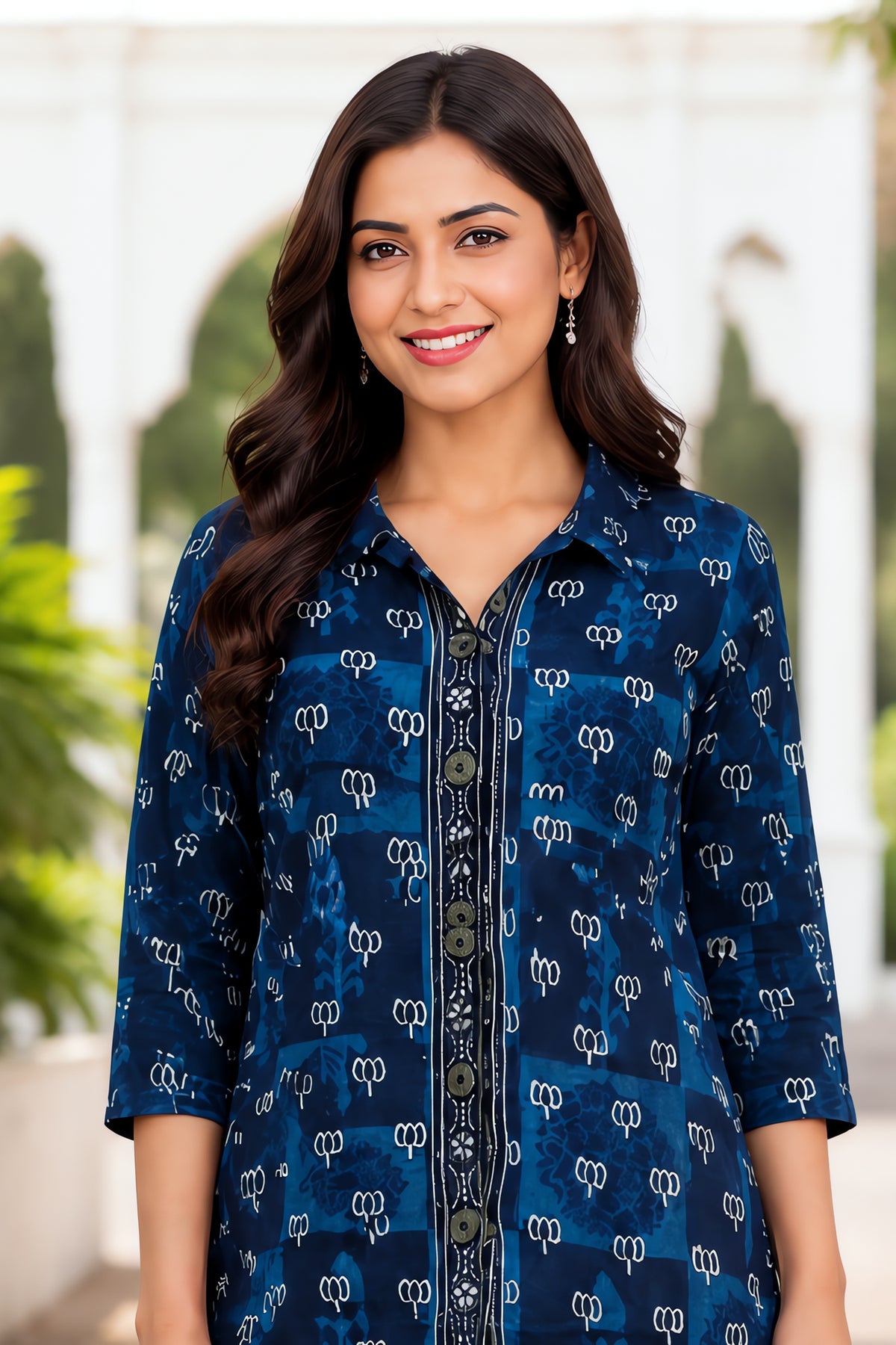 Indigo Crepe Floral Printed Women Tunic Top