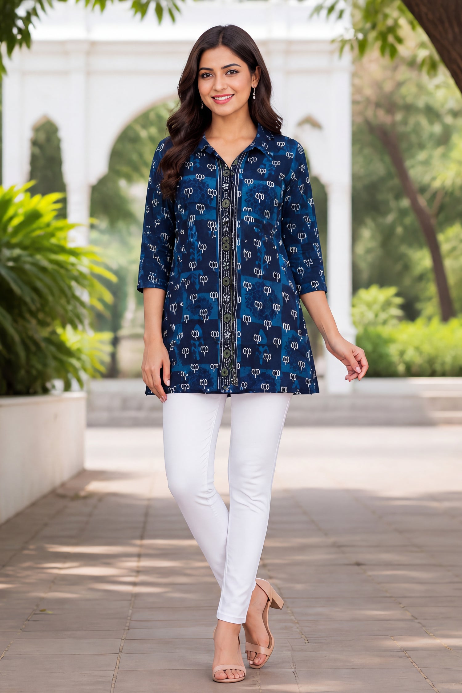 Indigo Crepe Floral Printed Women Tunic Top
