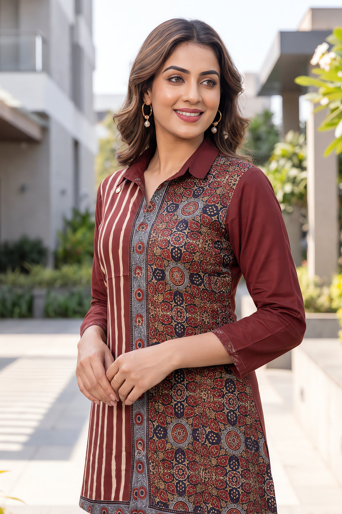 Maroon Ajrakh Block Print Ethnic Shirt Tunic.