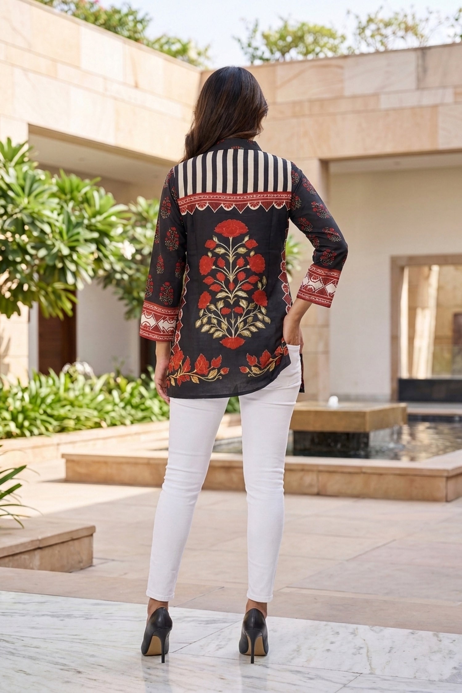 Navy Blue & Floral Printed Crepe Top