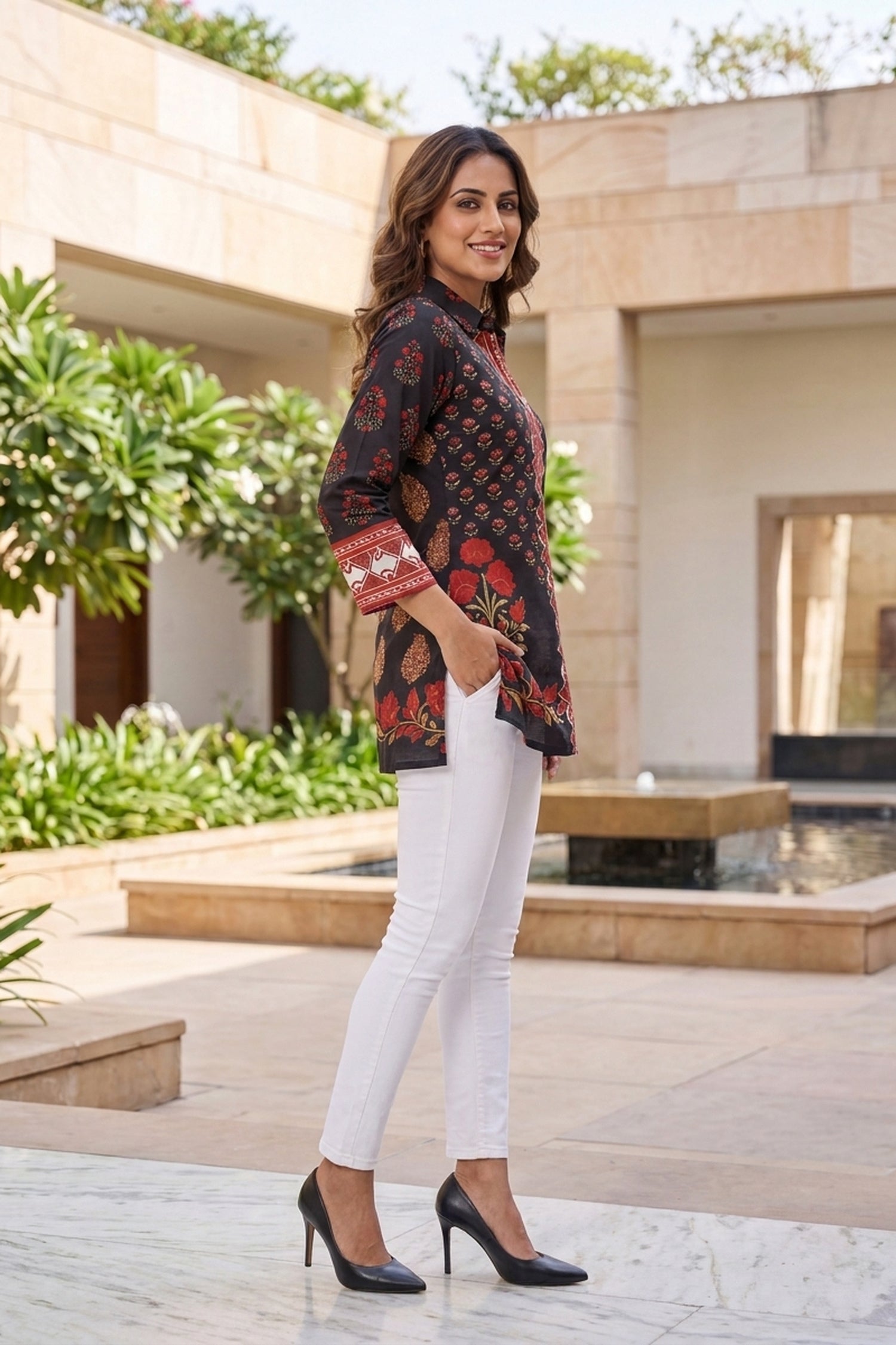 Navy Blue & Floral Printed Crepe Top