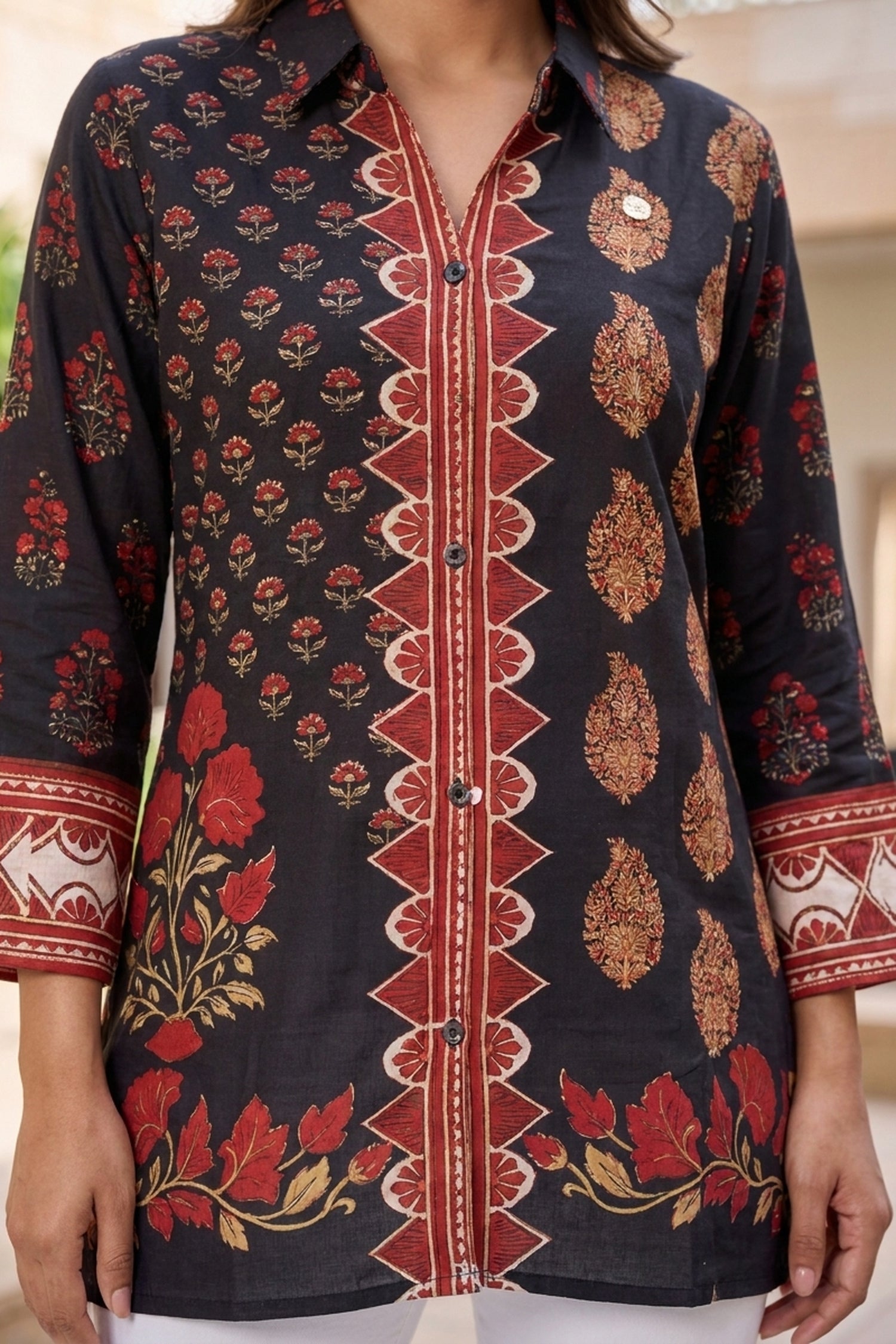 Navy Blue & Floral Printed Crepe Top