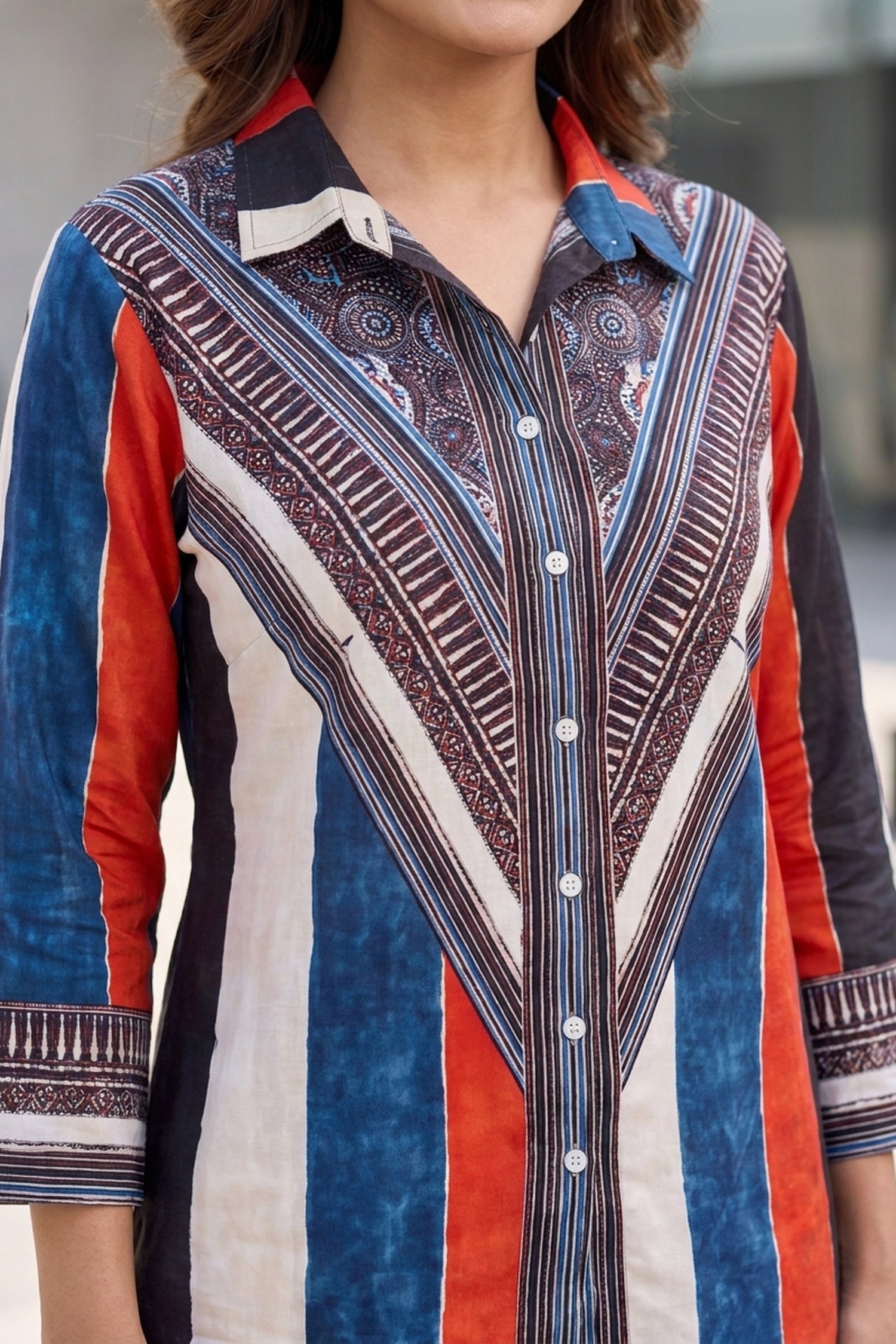 Multicolor Striped Geometric Crepe Shirt Top