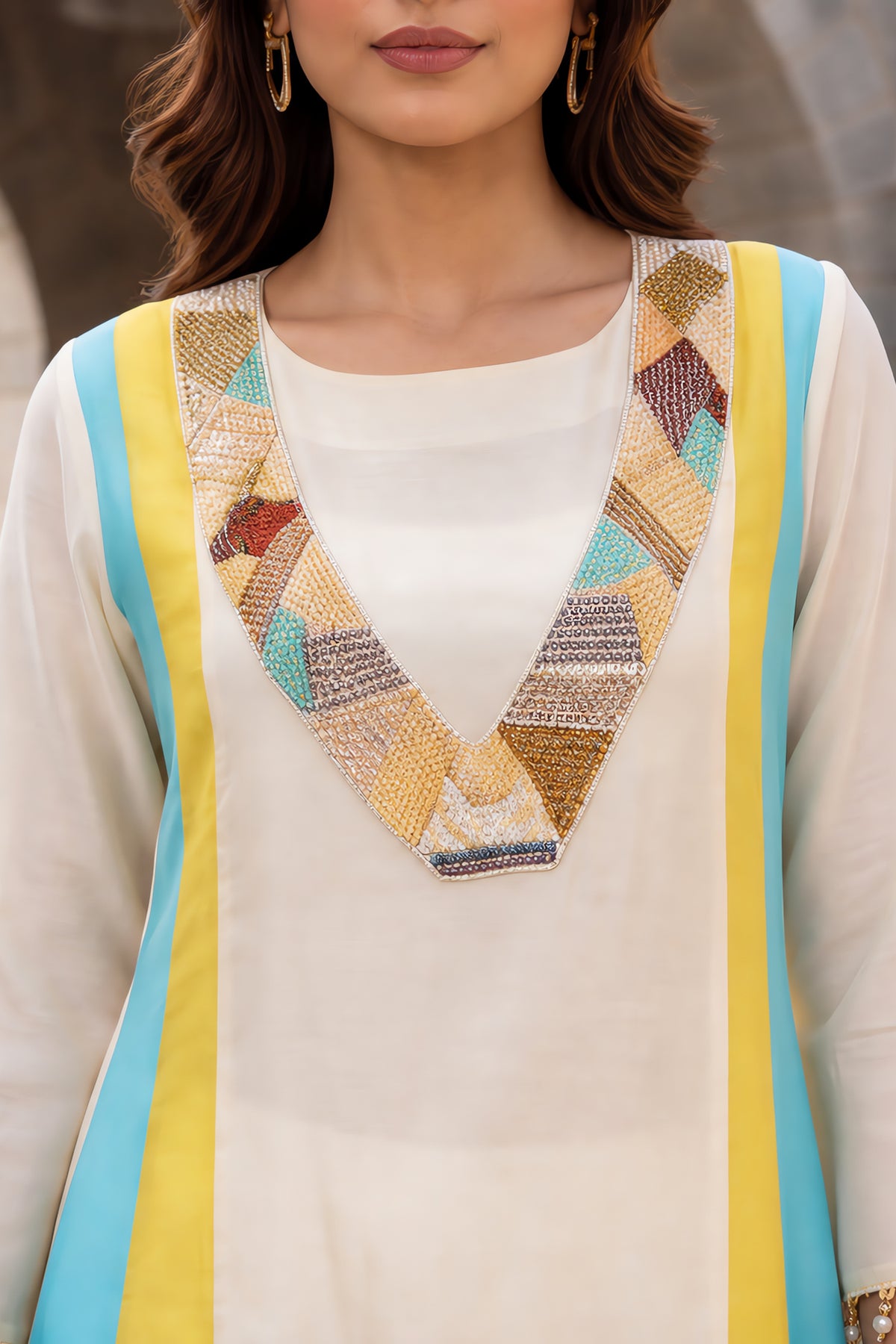 Off White Color Blocked Side Delicate Embroidery Three Pcs