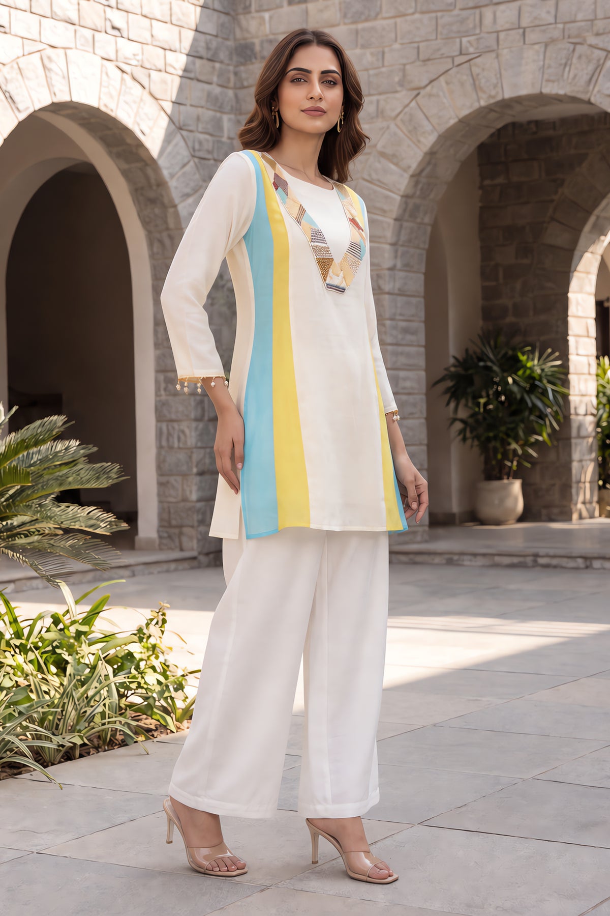 Off White Color Blocked Side Delicate Embroidery Three Pcs