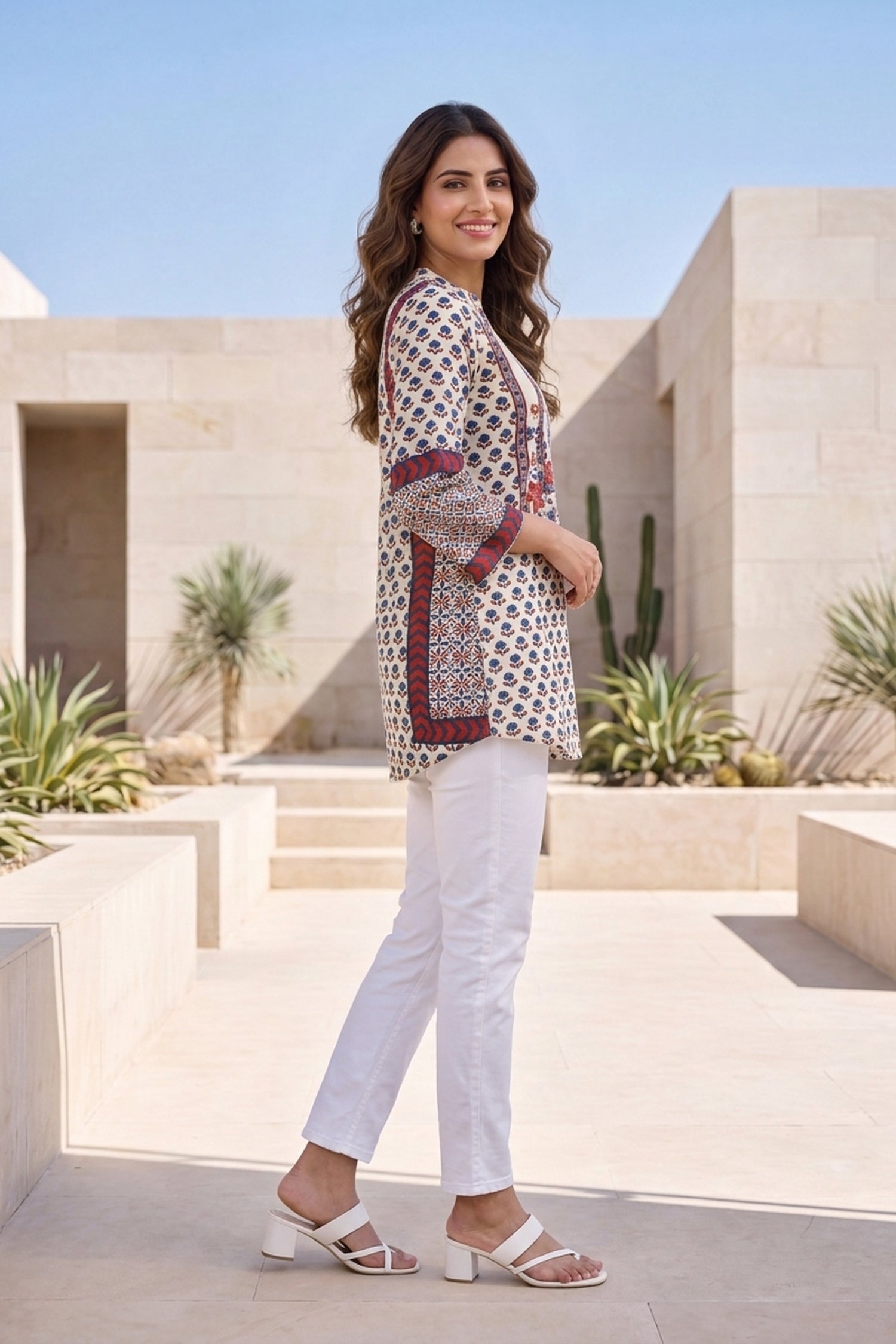 White Floral Block-Print Crepe Top