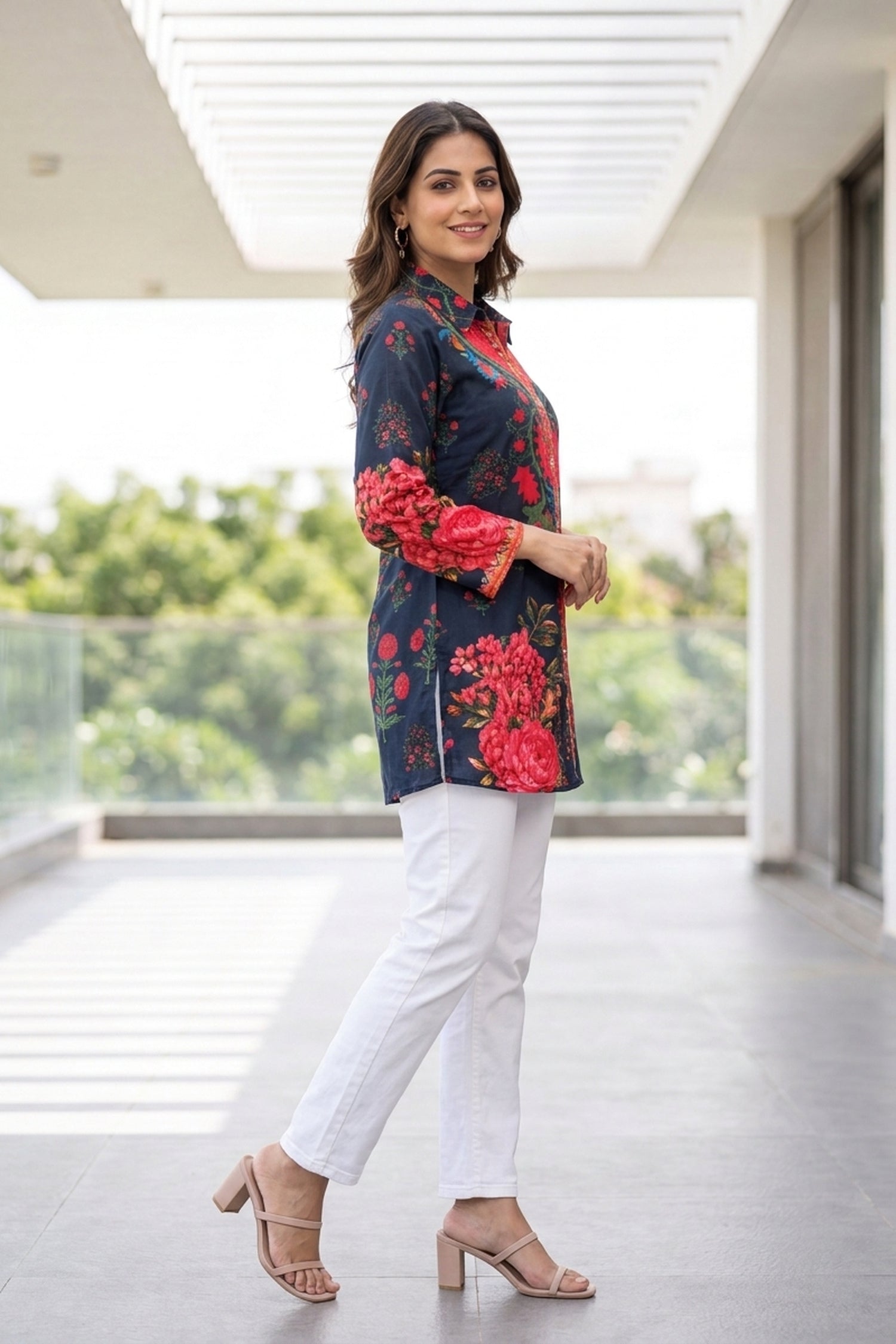 Navy Blue Floral Crepe Shirt Top