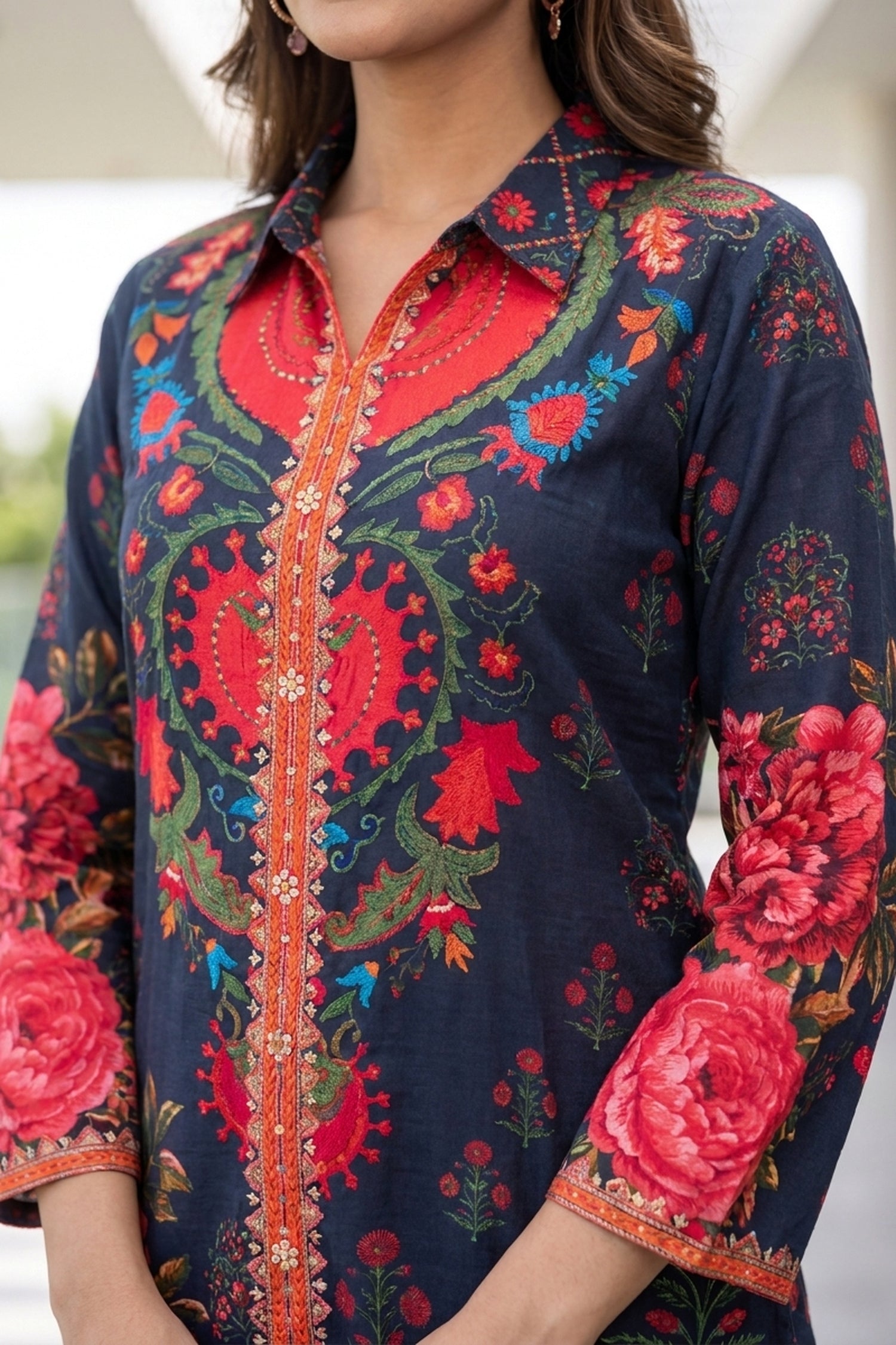 Navy Blue Floral Crepe Shirt Top