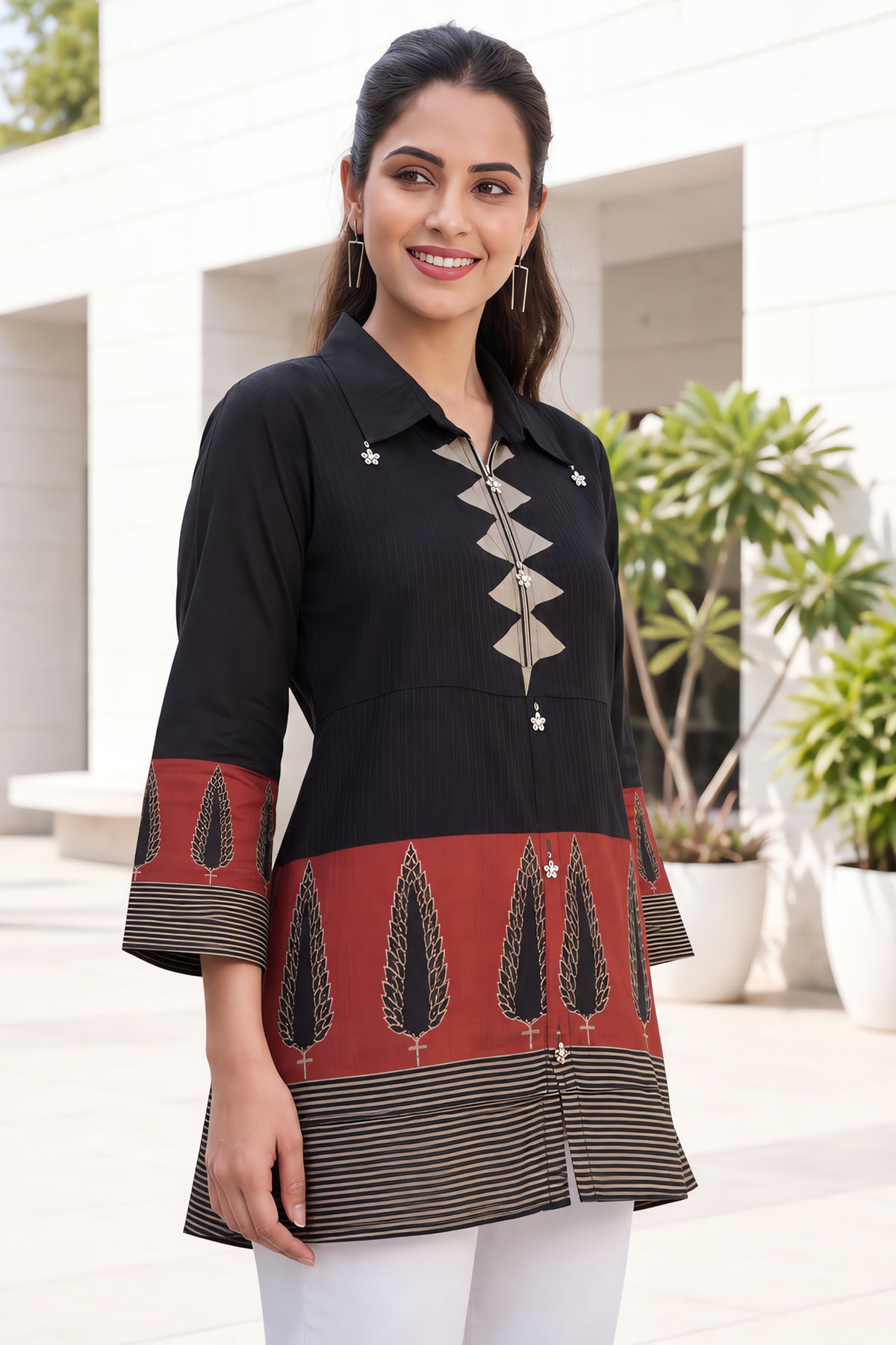 Black Solid Cotton Kurta Top