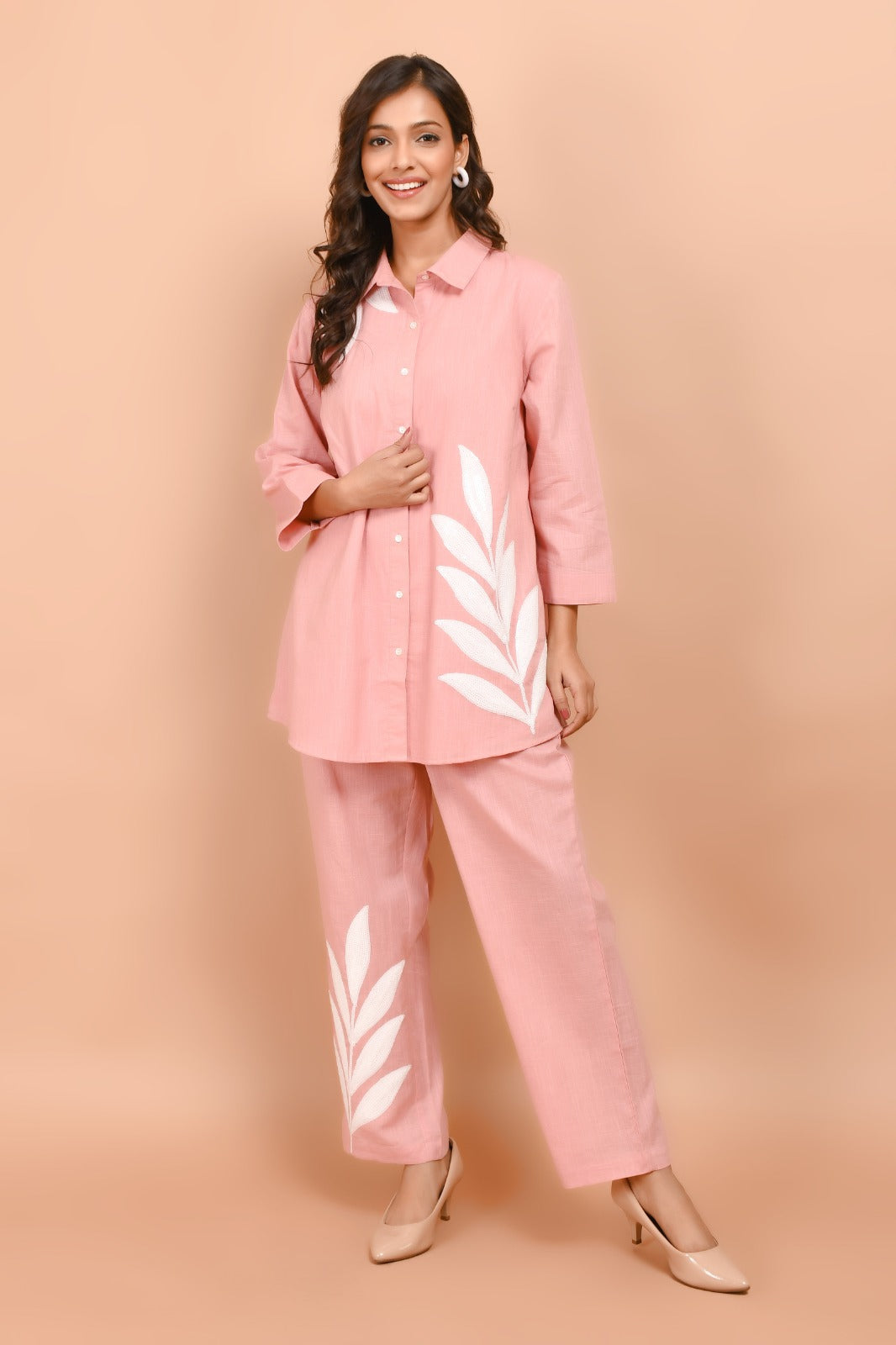 Pink Breeze White Leaf Embroidered Co-Ord Set