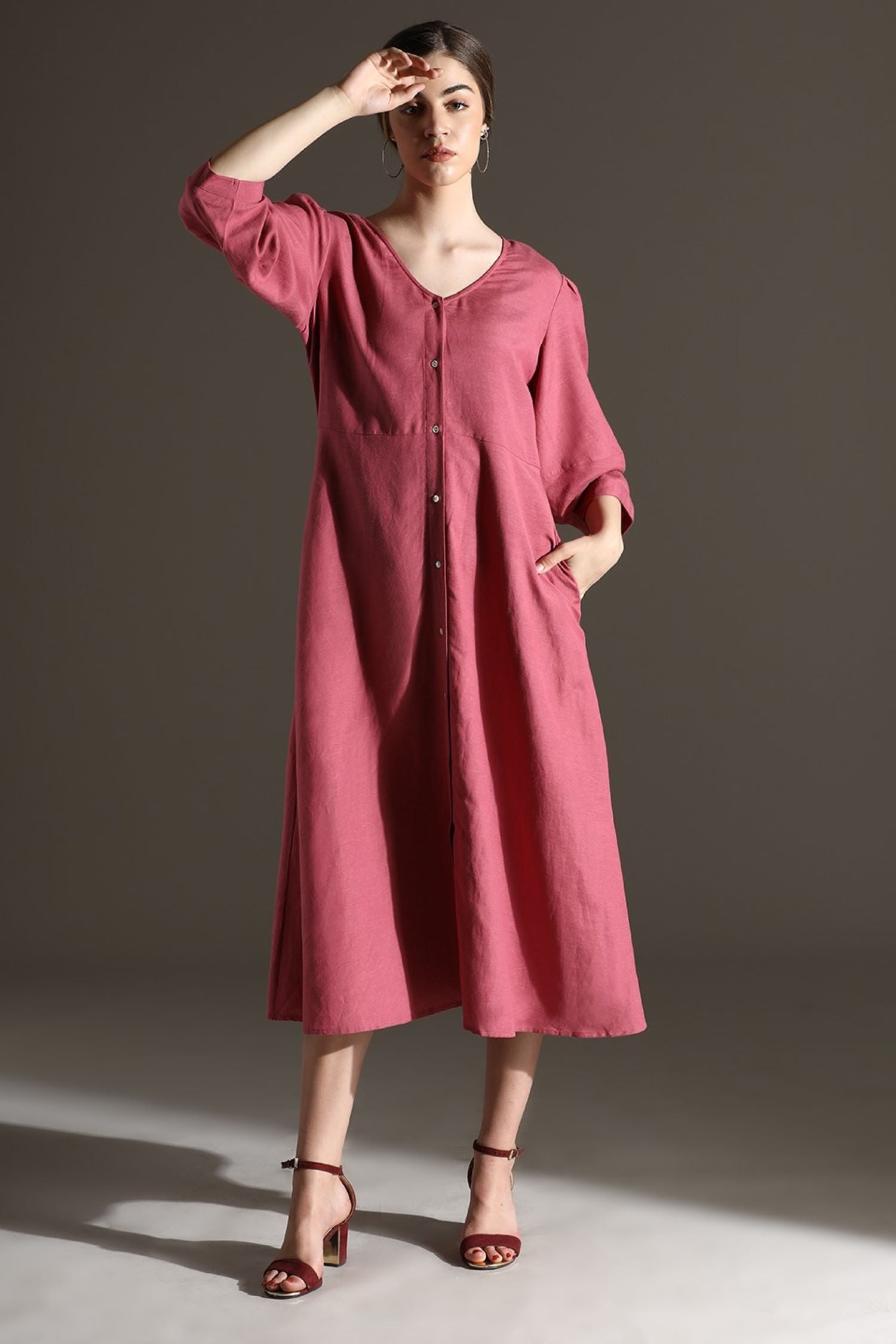 Graceful Pink Buttoned Midi Dress