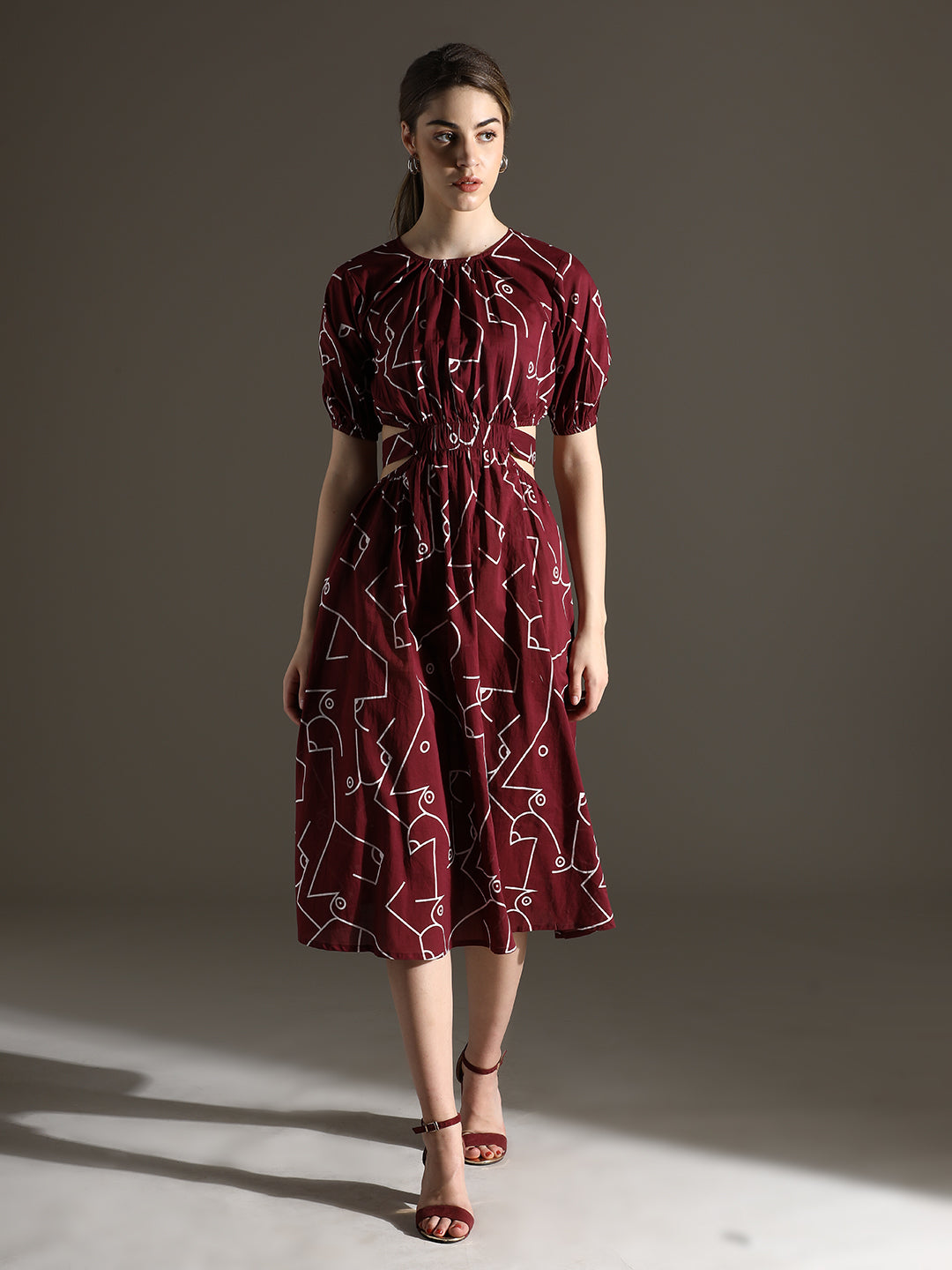 Maroon Long Dress with Stylish Back Cut and Print