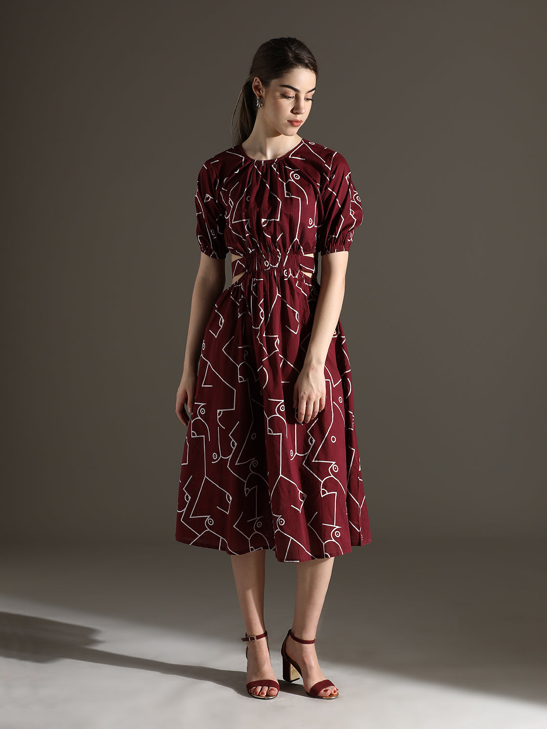 Maroon Long Dress with Stylish Back Cut and Print