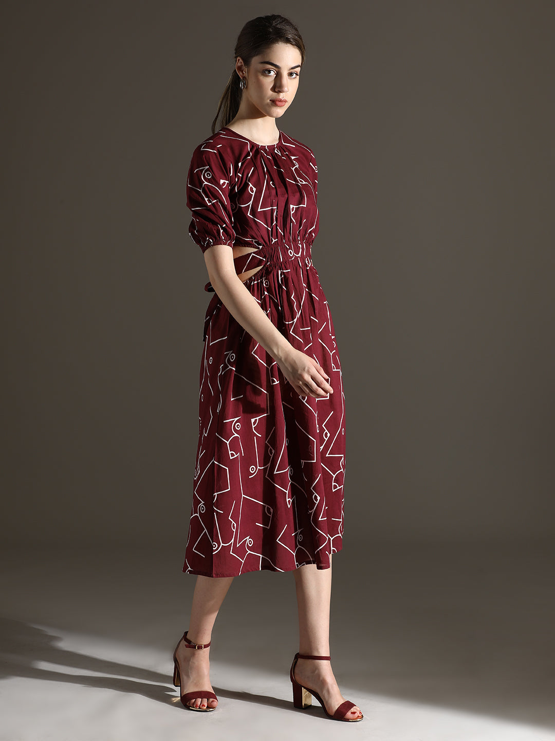 Maroon Long Dress with Stylish Back Cut and Print