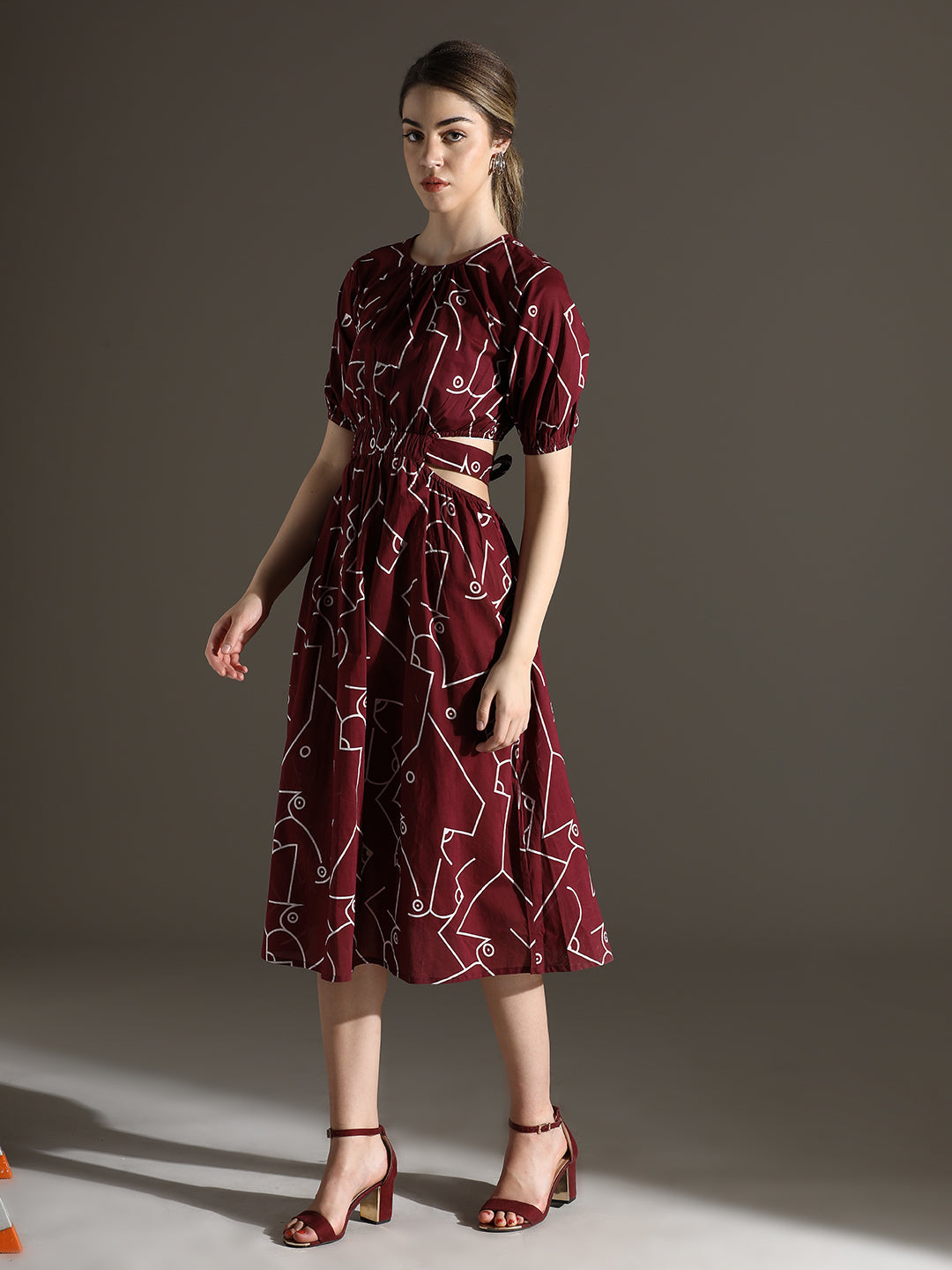 Maroon Long Dress with Stylish Back Cut and Print