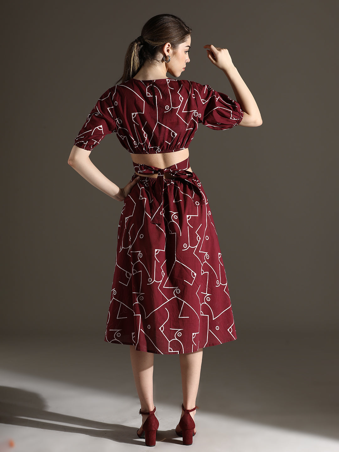 Maroon Long Dress with Stylish Back Cut and Print