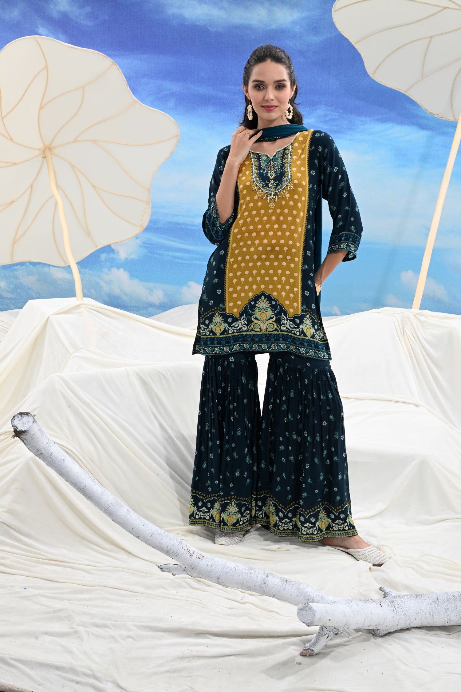 Crepe Pleated Sharara Three-Piece