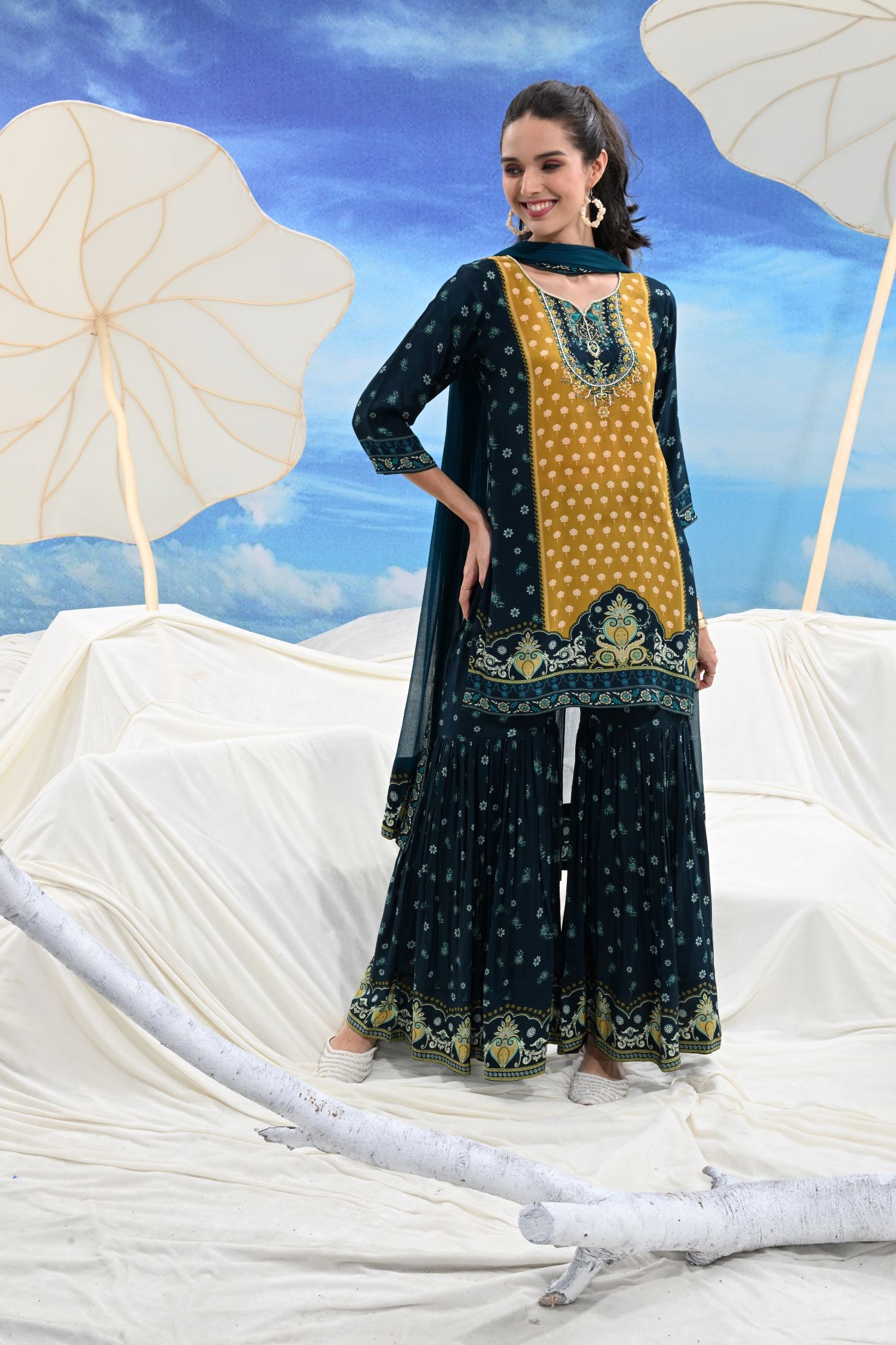 Crepe Pleated Sharara Three-Piece