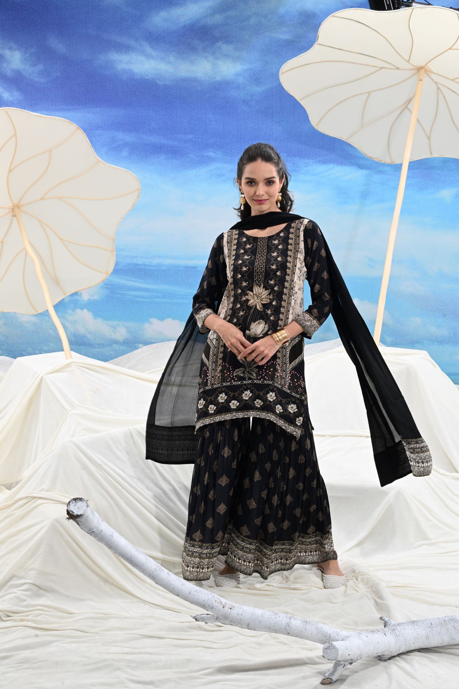 Crepe Pleated Sharara black three-piece