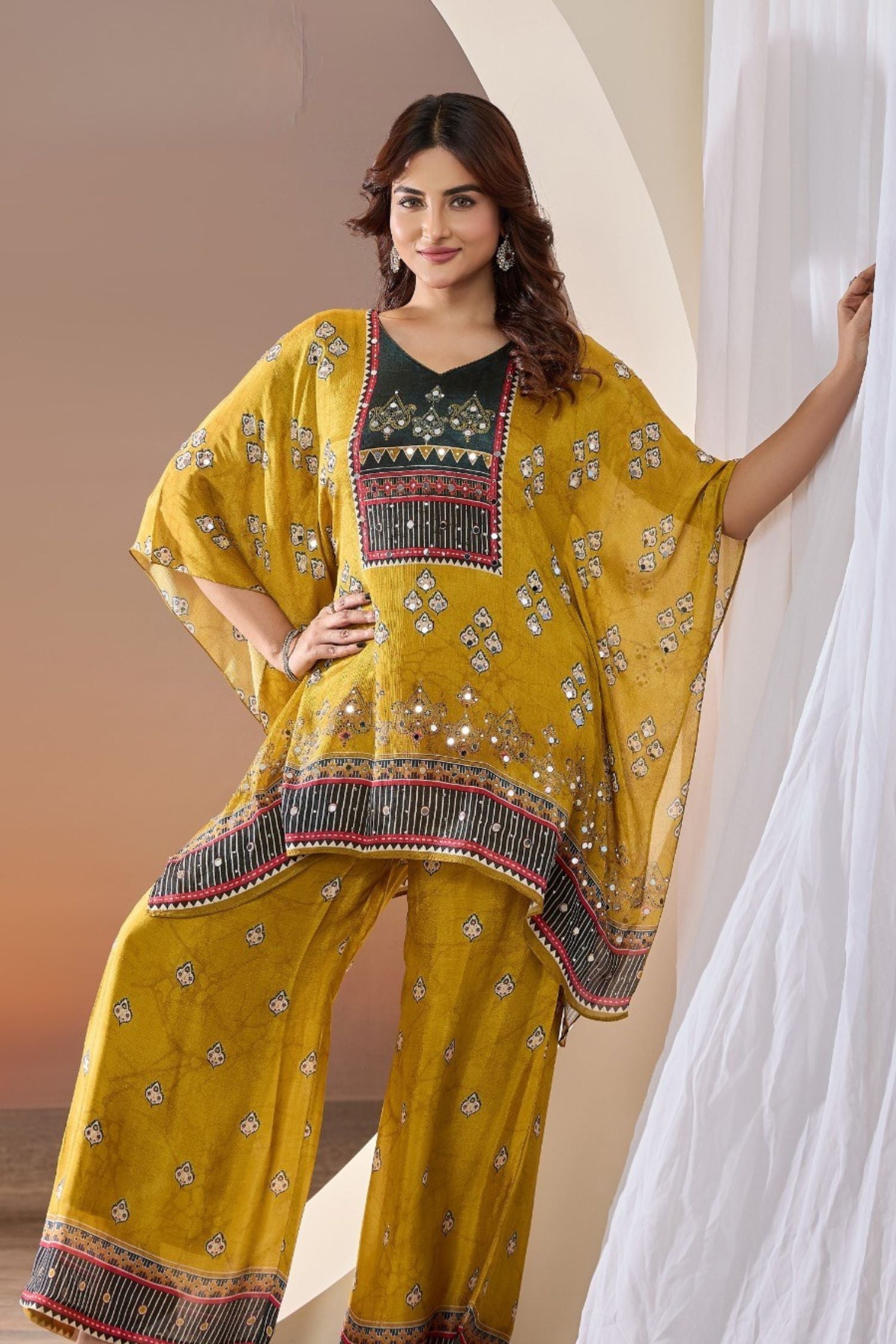 Rich Yellow Kaftan Cord Set in Chinon Silk