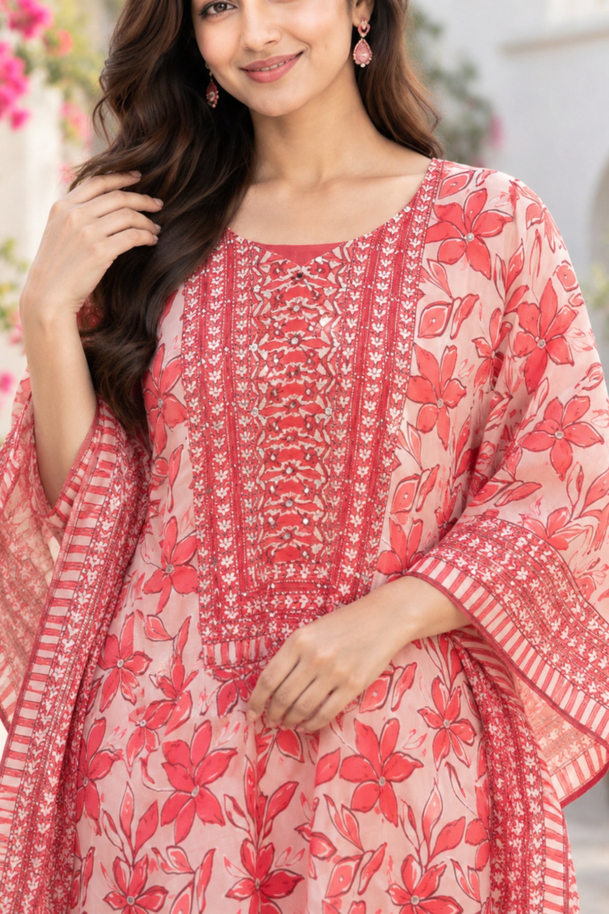 Peach And Red Heritage Mirror Embellished Coord Set