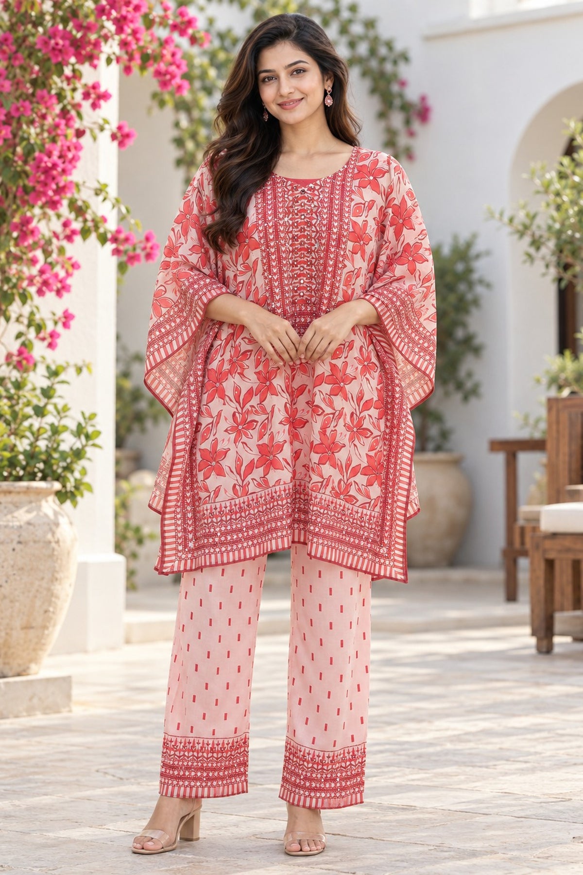 Peach And Red Heritage Mirror Embellished Coord Set