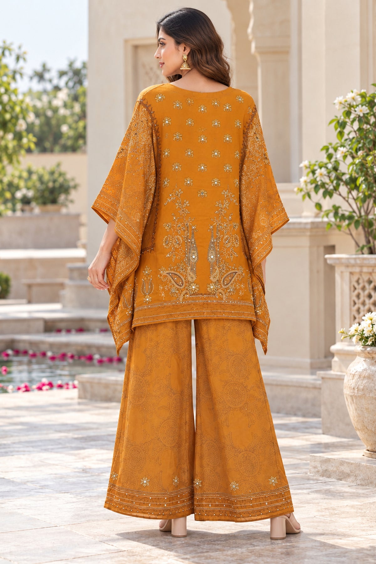 Mustard Embroidered Silk Kaftan Coord Set