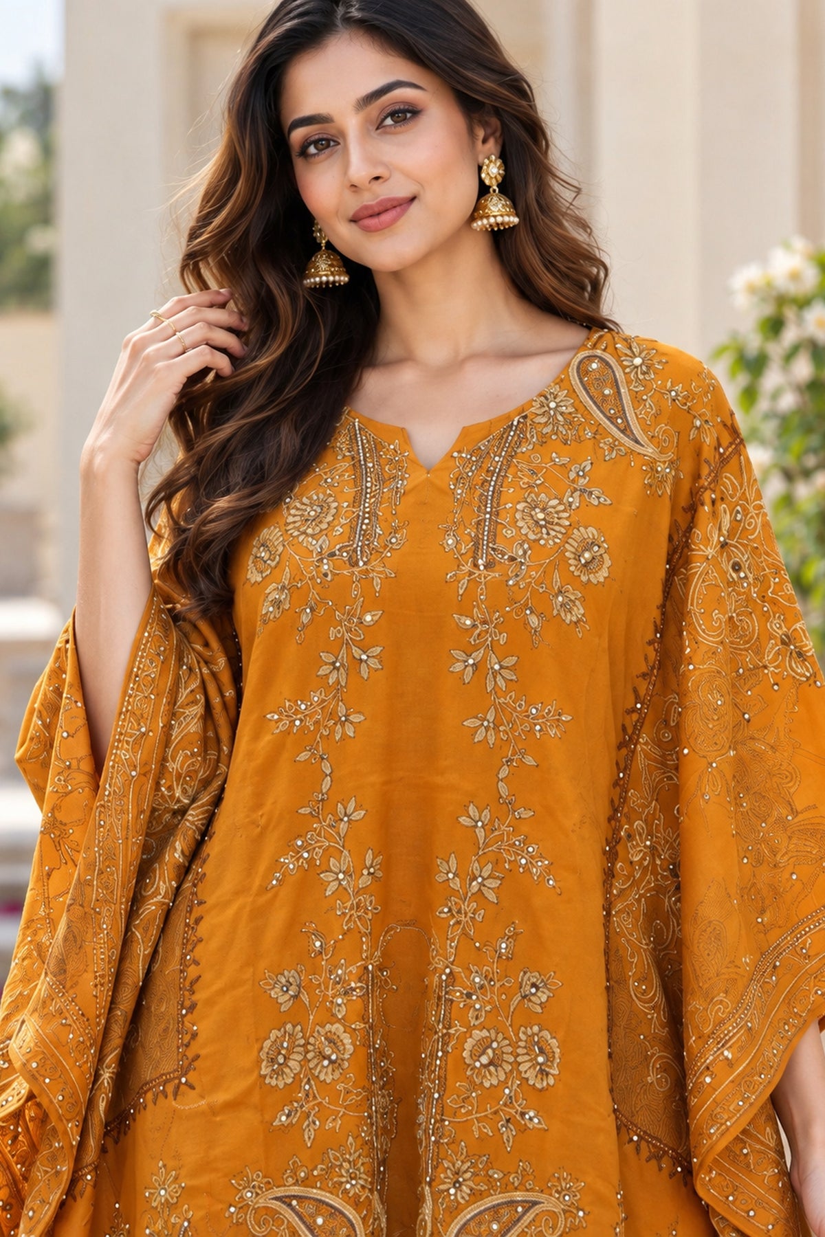 Mustard Embroidered Silk Kaftan Coord Set