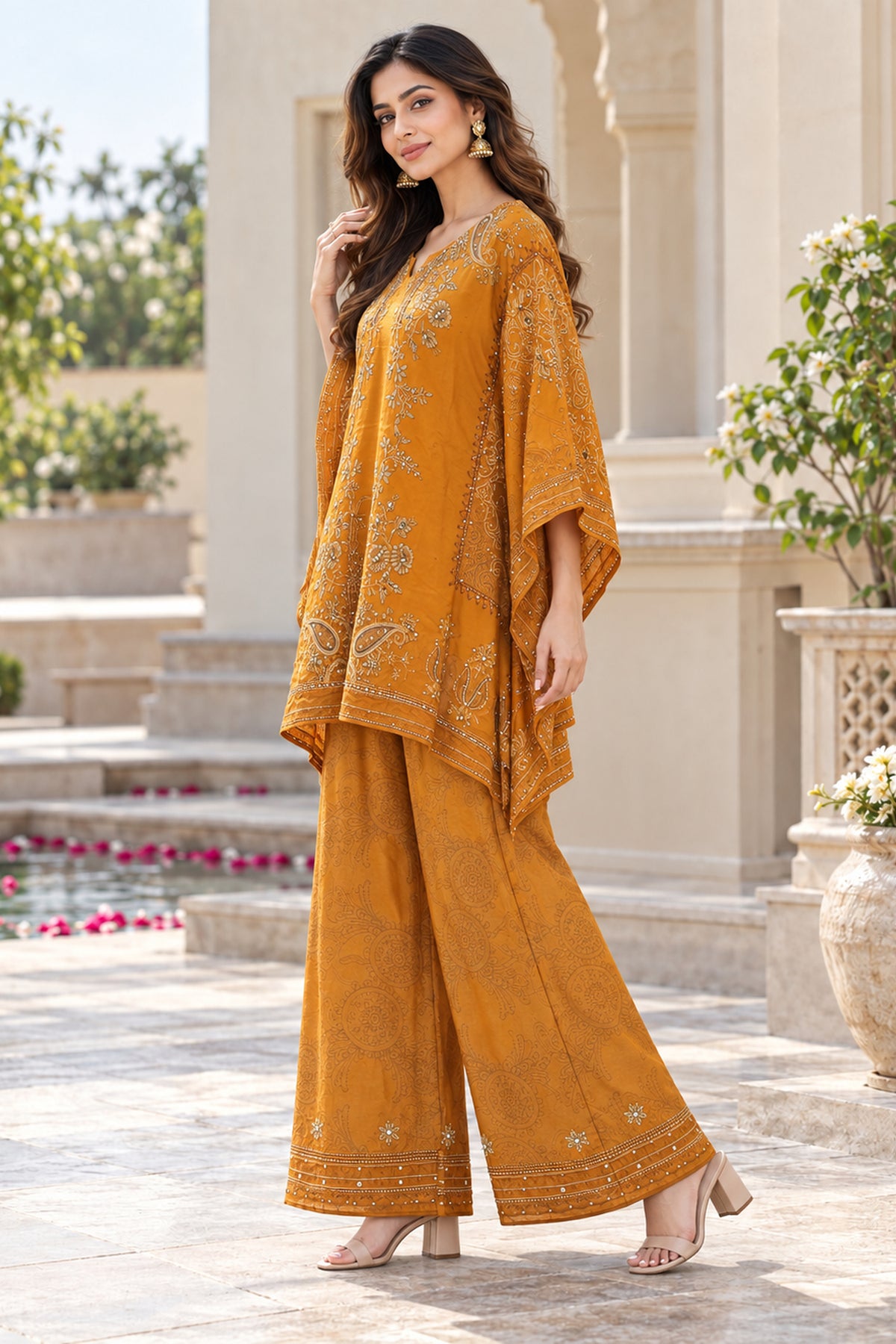 Mustard Embroidered Silk Kaftan Coord Set